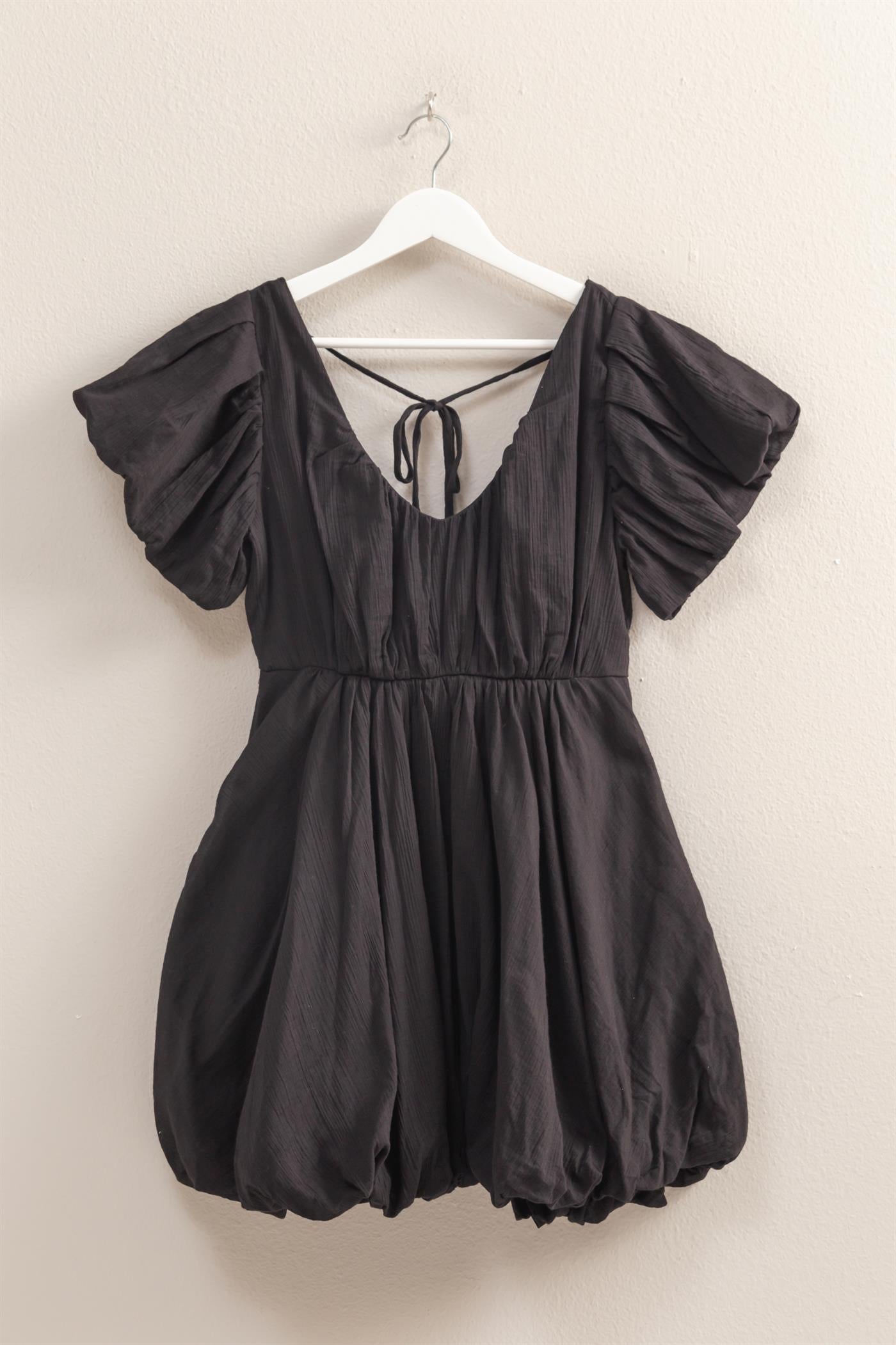 Wholesale V-Neck Puff Sleeve Flowy Mini Dress Dresses HF25A226 BLACK HYFVE