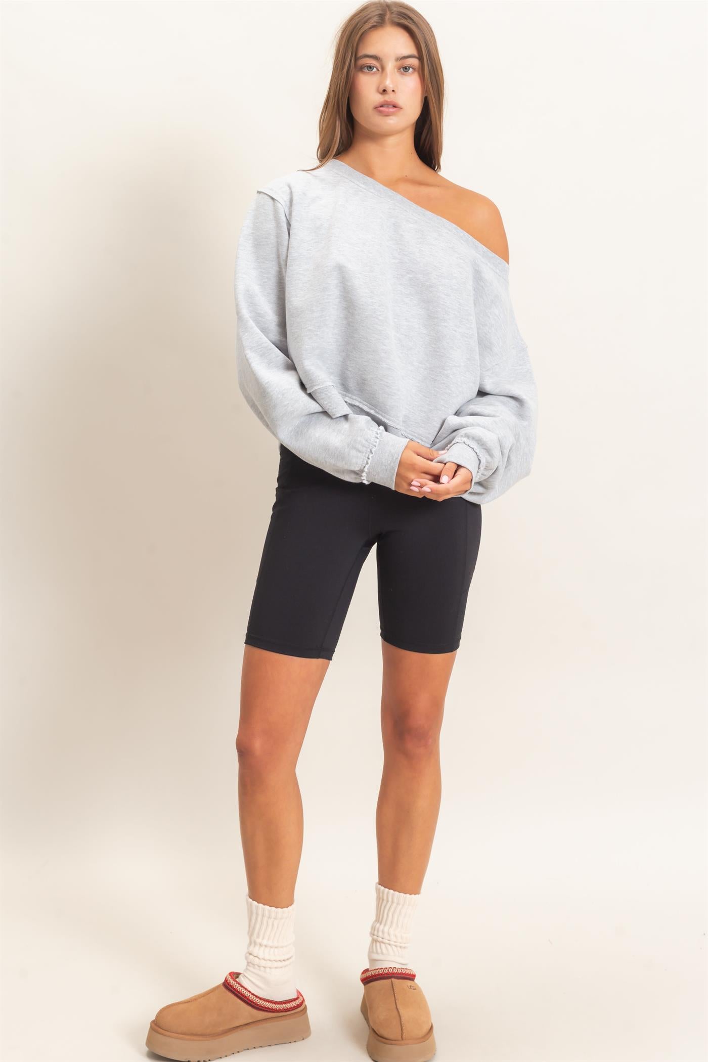 Wholesale Raw Edge Acid Wash Off The Shoulder Sweatshirt Sweatshirts DZ26F013 HEATHER GRAY DOUBLE ZERO