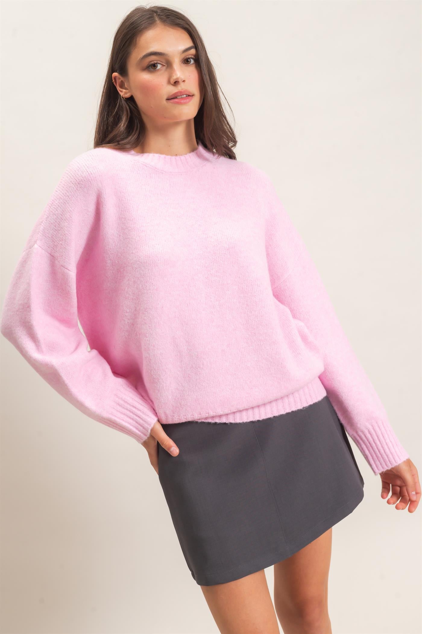 Wholesale Ribbed Crew Neck Sweater Sweaters HF26F179-D PINK HYFVE