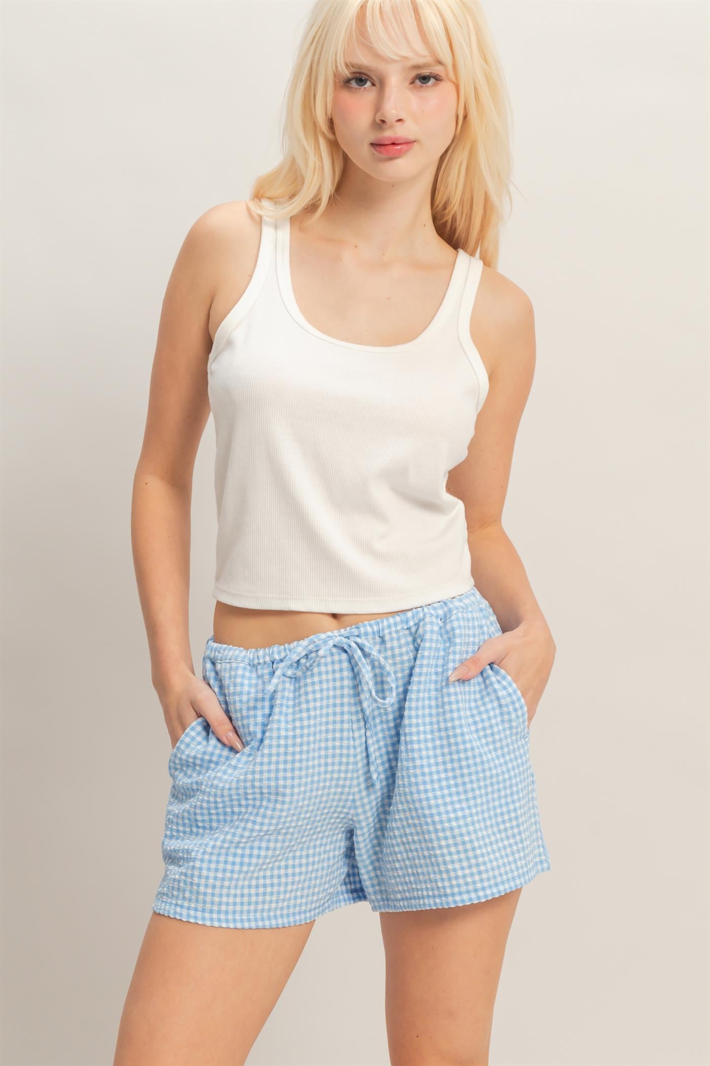 Wholesale Gingham Relaxed Fit Shorts Shorts DZ26A929 BLUE DOUBLE ZERO