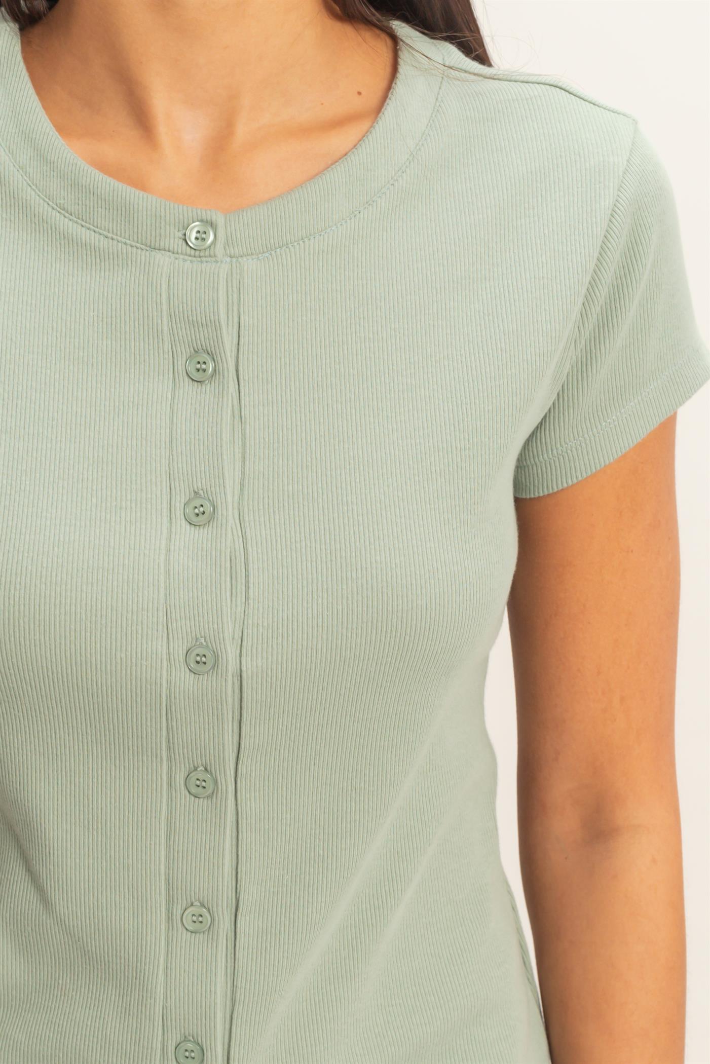 Wholesale Ribbed Button-Front Crew Neck Top Clothing Tops DZ26A727 SAGE GREEN DOUBLE ZERO