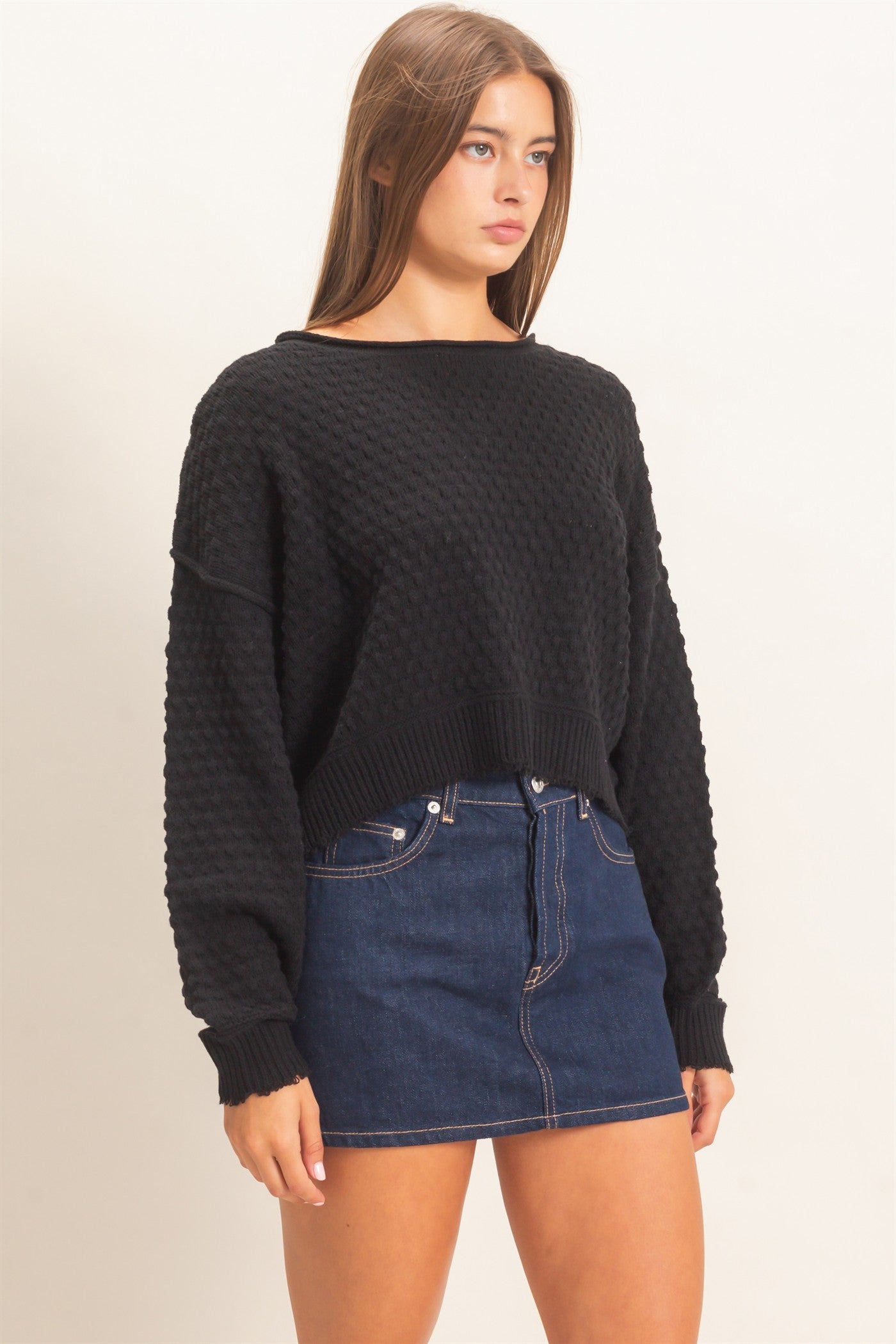 Wholesale Textured Boat Neck Sweater Sweaters DZ26E880 BLACK DOUBLE ZERO