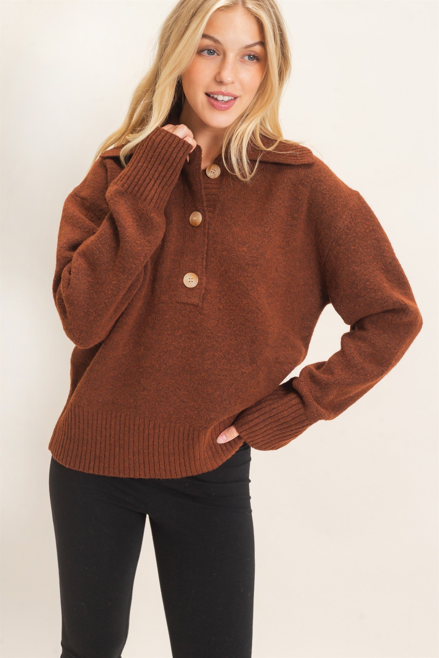 Wholesale Button-Up Collared Sweater Sweaters HF26E752 BROWN HYFVE