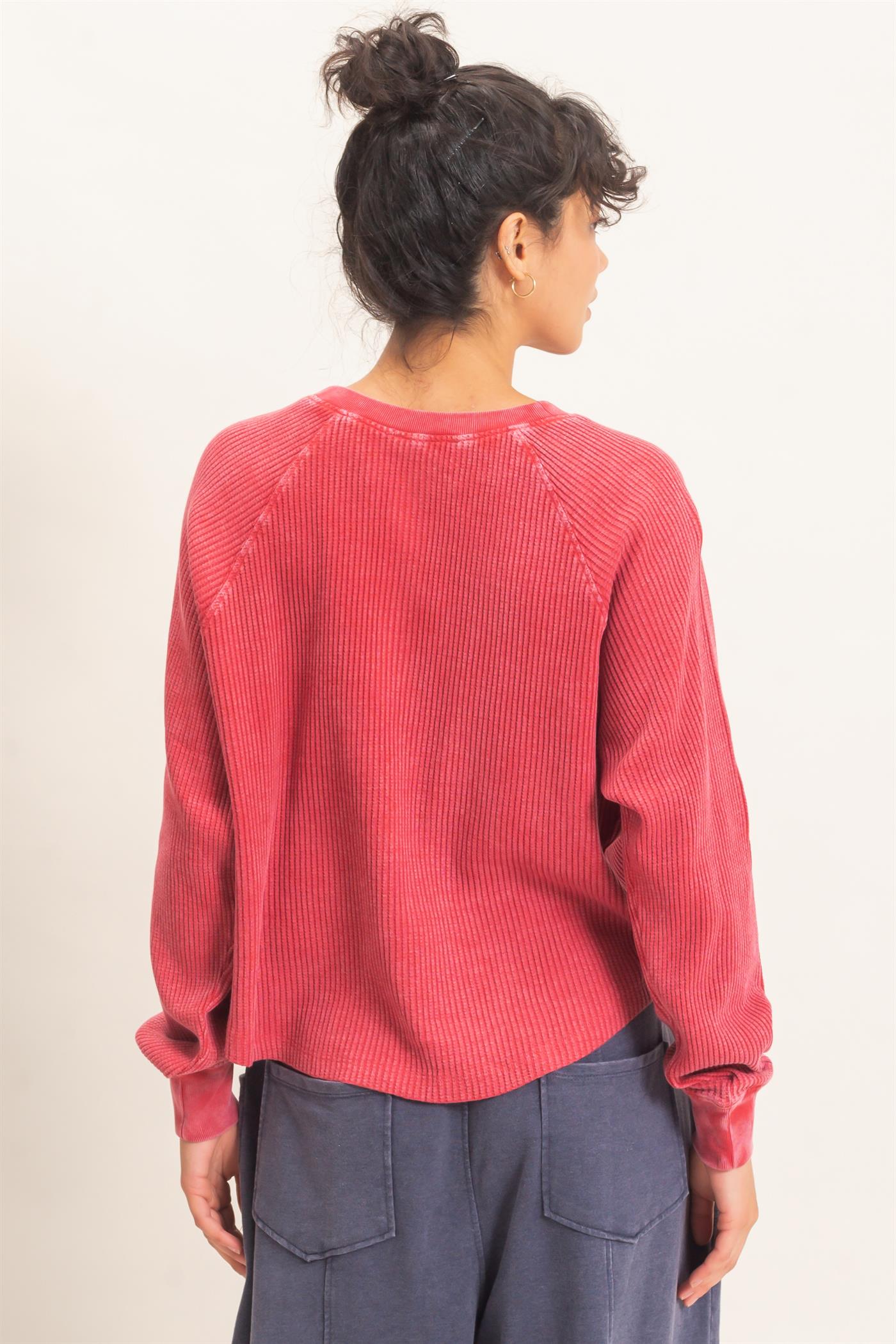 Wholesale Mineral Wash Waffle Knit Henley Top Sweatshirts DZ26E947 DARK RED DOUBLE ZERO