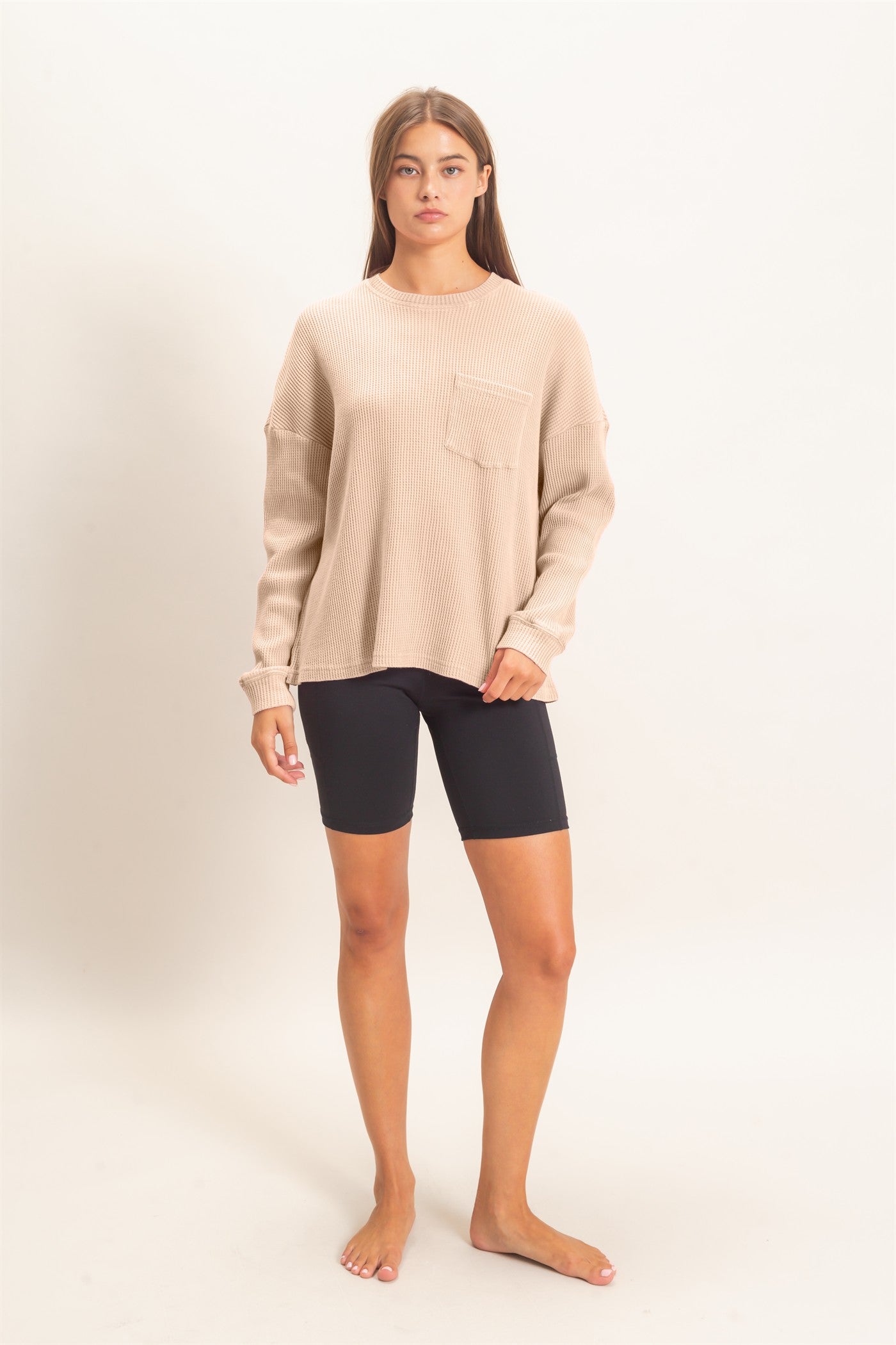 Wholesale Mineral Wash Waffle Long Sleeve Top Clothing Tops DZ26F242 LIGHT TAUPE DOUBLE ZERO