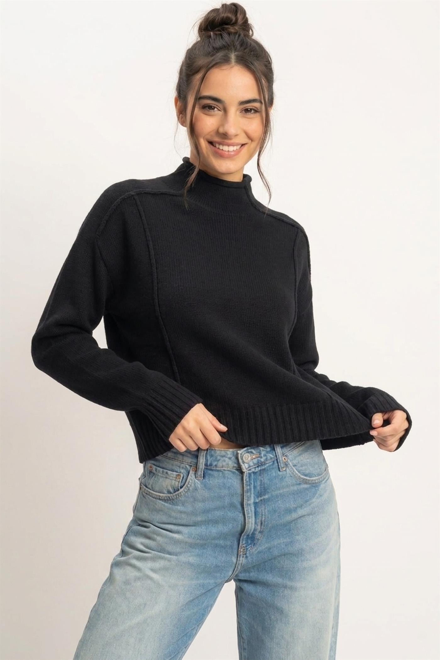 Wholesale Roll Neck Sweater With Reversed Seam Sweaters DZ26E271 BLACK DOUBLE ZERO