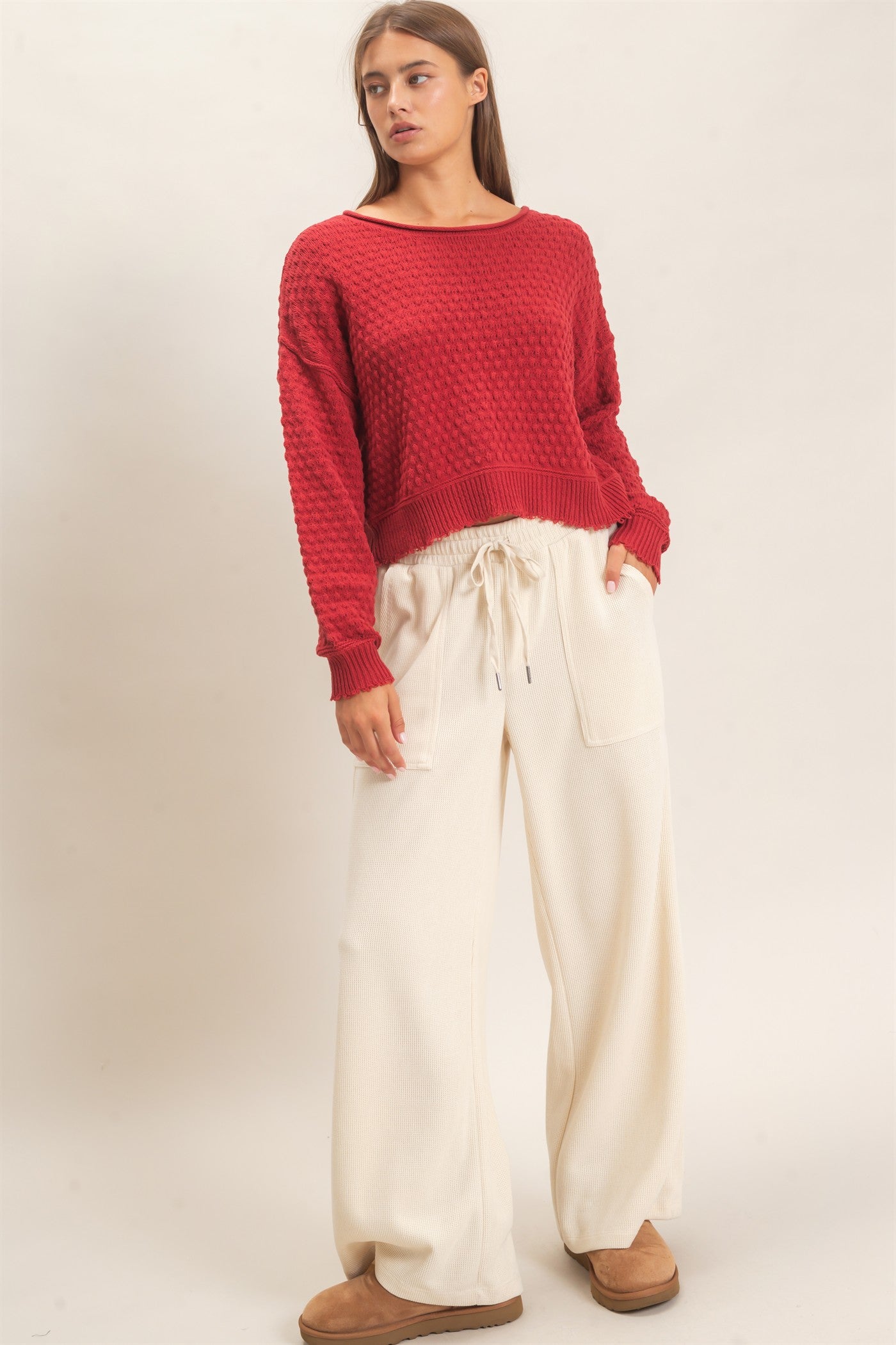 Wholesale Textured Boat Neck Sweater Sweaters DZ26E880 DARK RED DOUBLE ZERO