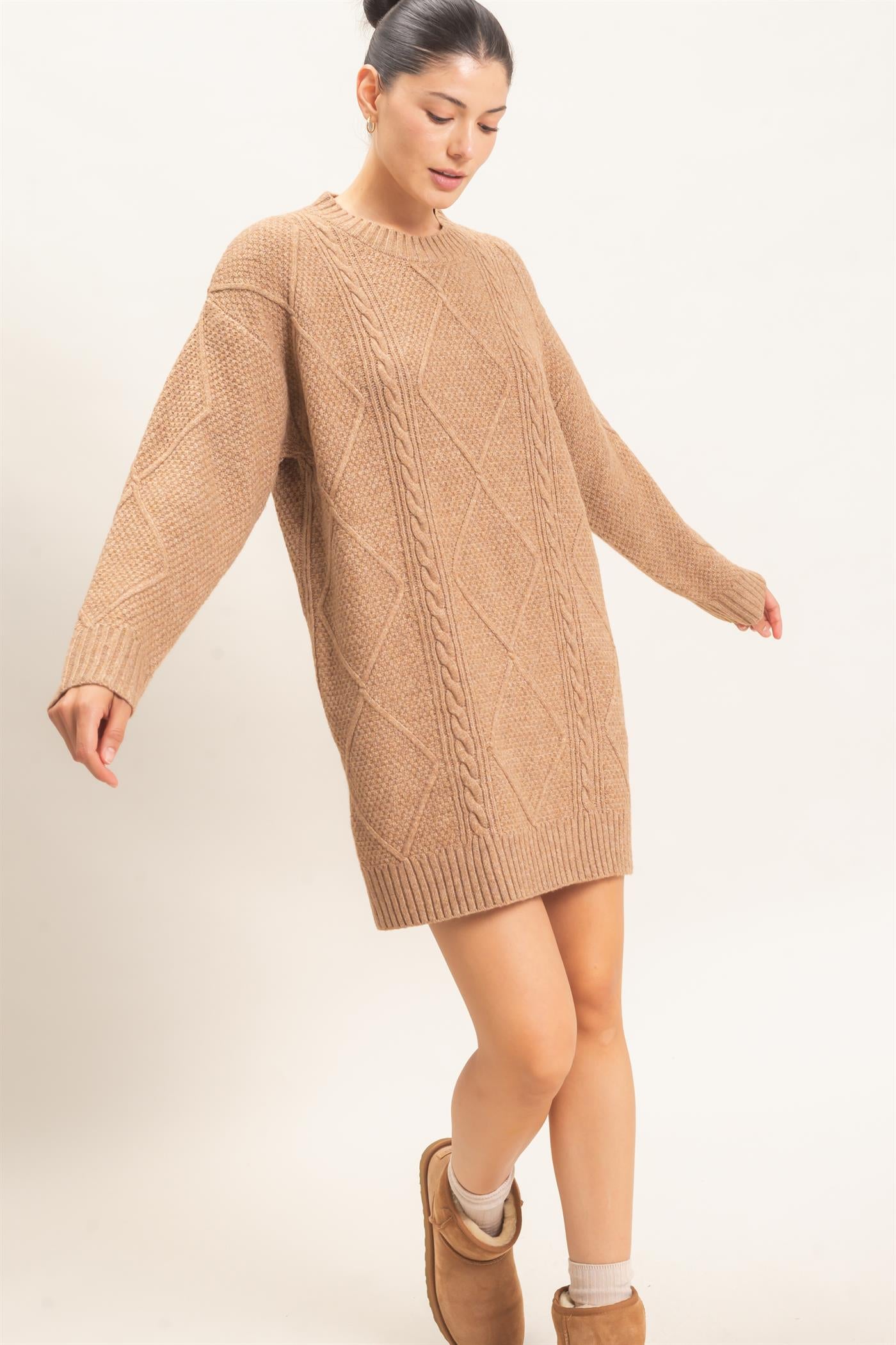 Wholesale Cable Knit Crew Neck Dress Dresses HF26F006 TAUPE HYFVE