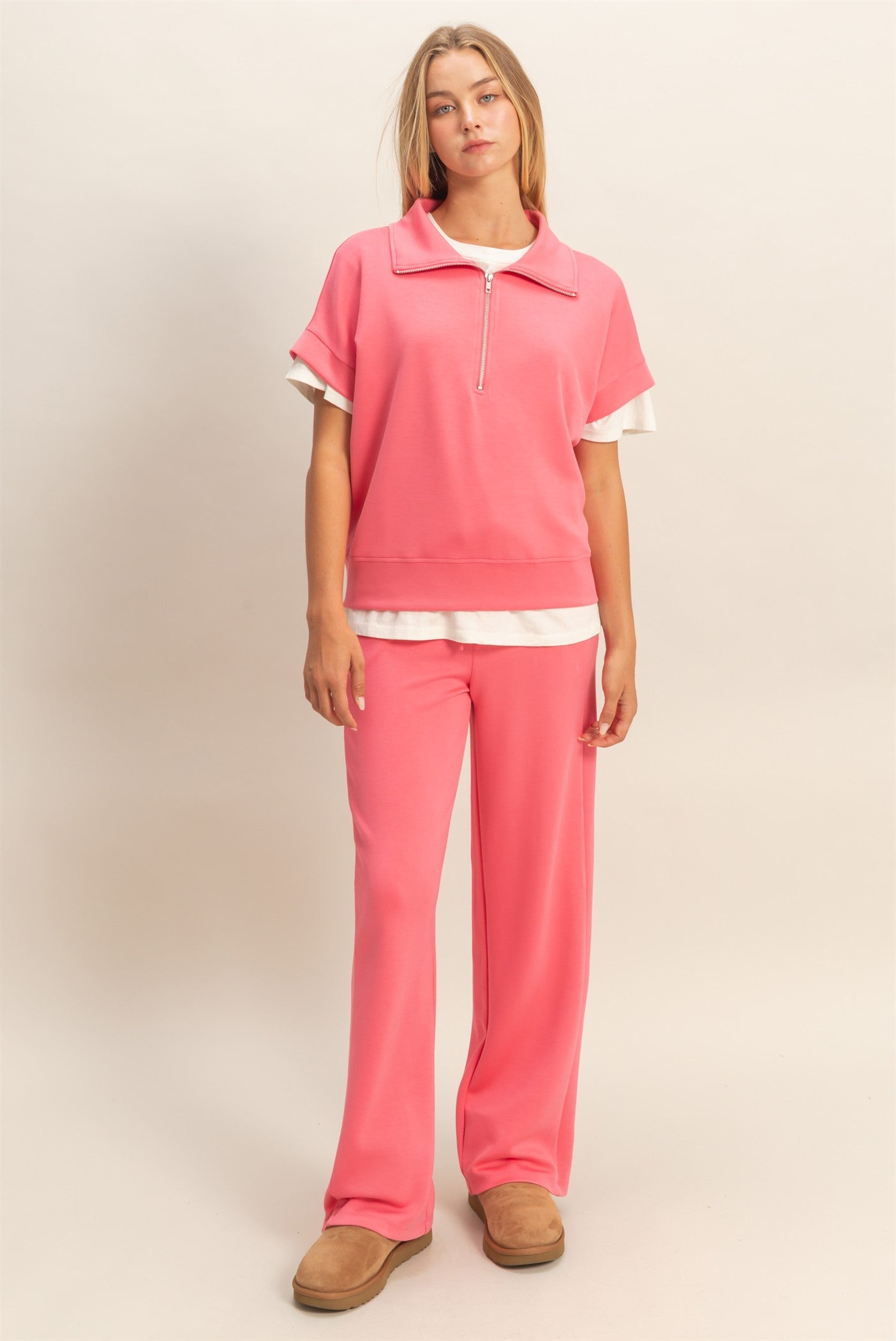 Wholesale Short Sleeve High Neck Half-Zip Top Clothing Tops DZ26C735 TAFFY PINK DOUBLE ZERO