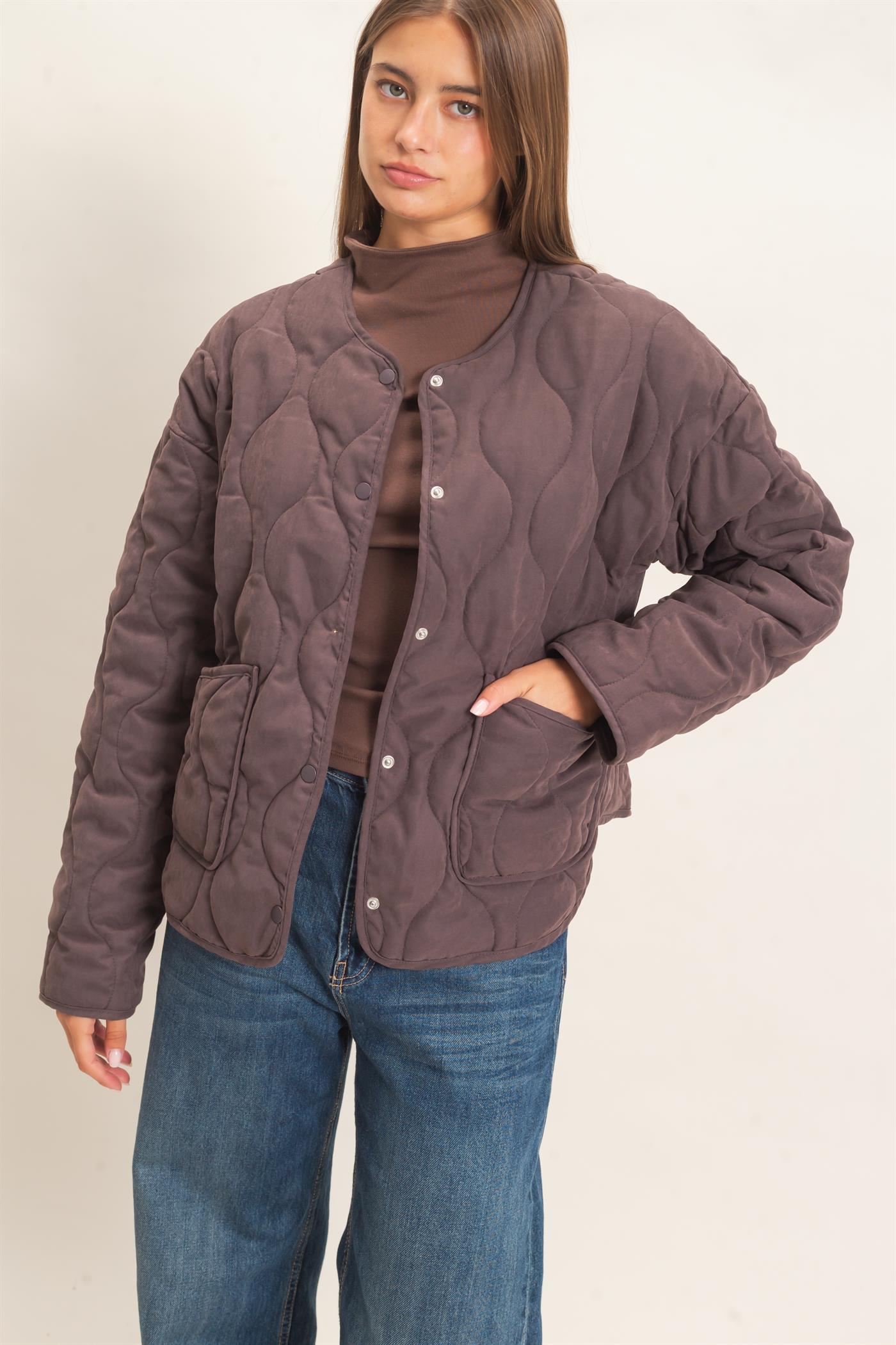 Wholesale Quilted Button Front Jacket Coats & Jackets DZ26F254 DARK BROWN DOUBLE ZERO