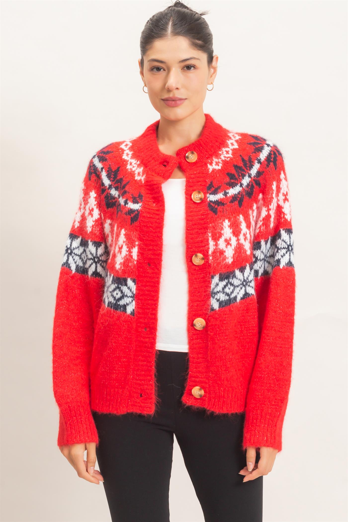 Wholesale Fair Isle Button-Front Cardigan Cardigans HF26E918 RED HYFVE