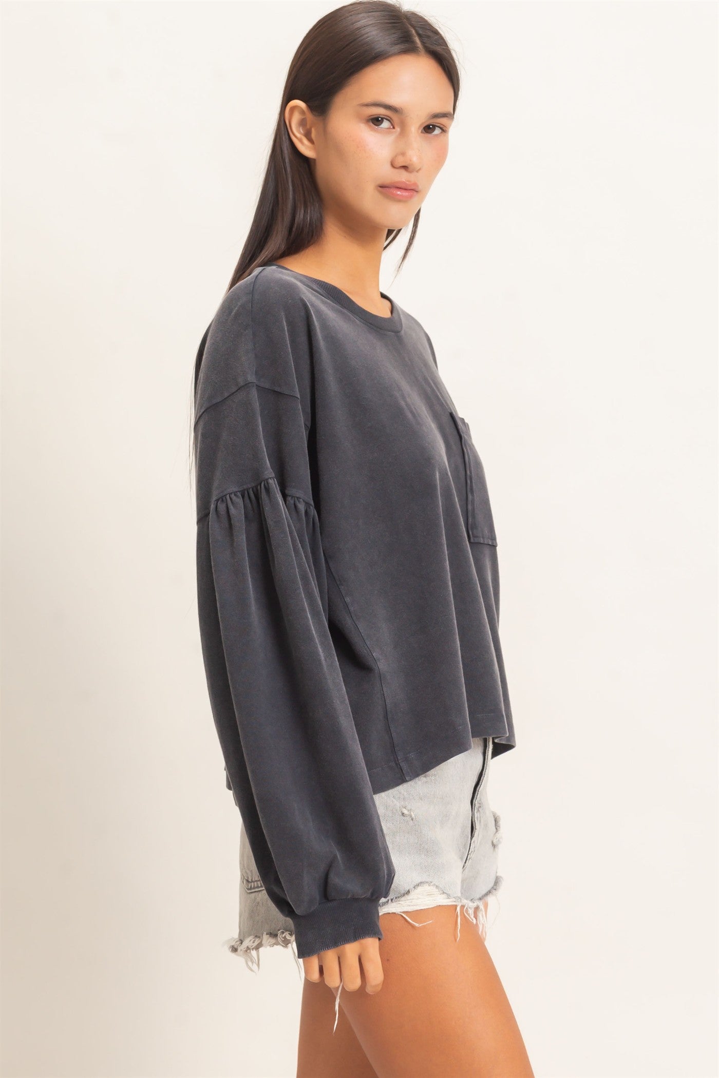 Wholesale Mineral Wash Puff Long Sleeve Boxy Top Clothing Tops DZ26F402 BLACK DOUBLE ZERO