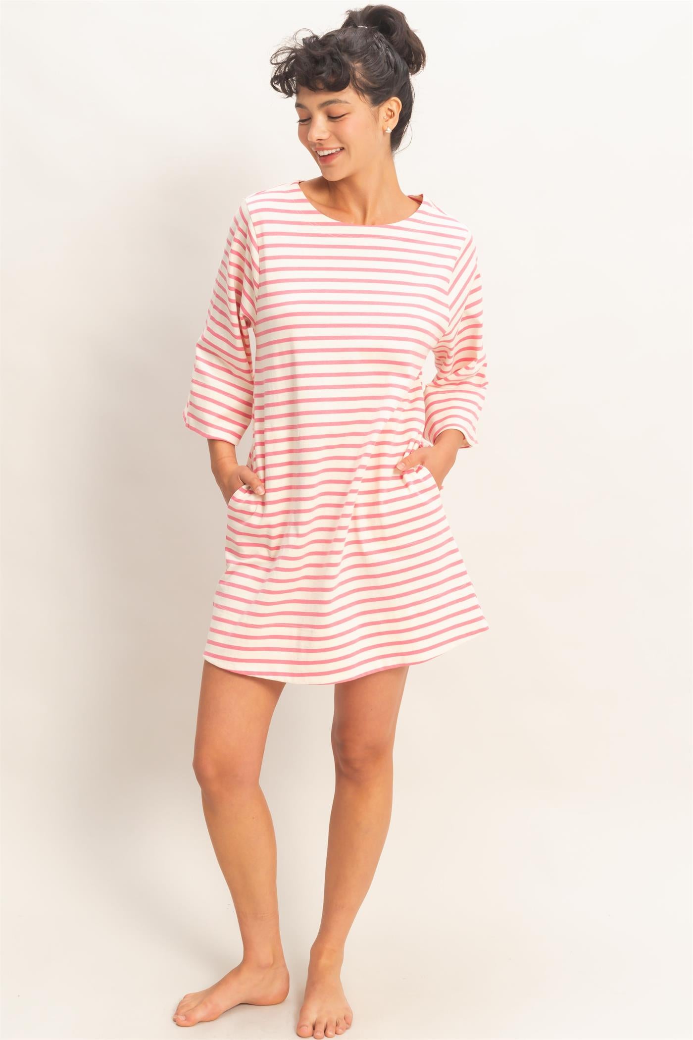 Wholesale Striped Round Neck Half-Sleeve Mini Dress Dresses DZ26A460 PINK DOUBLE ZERO