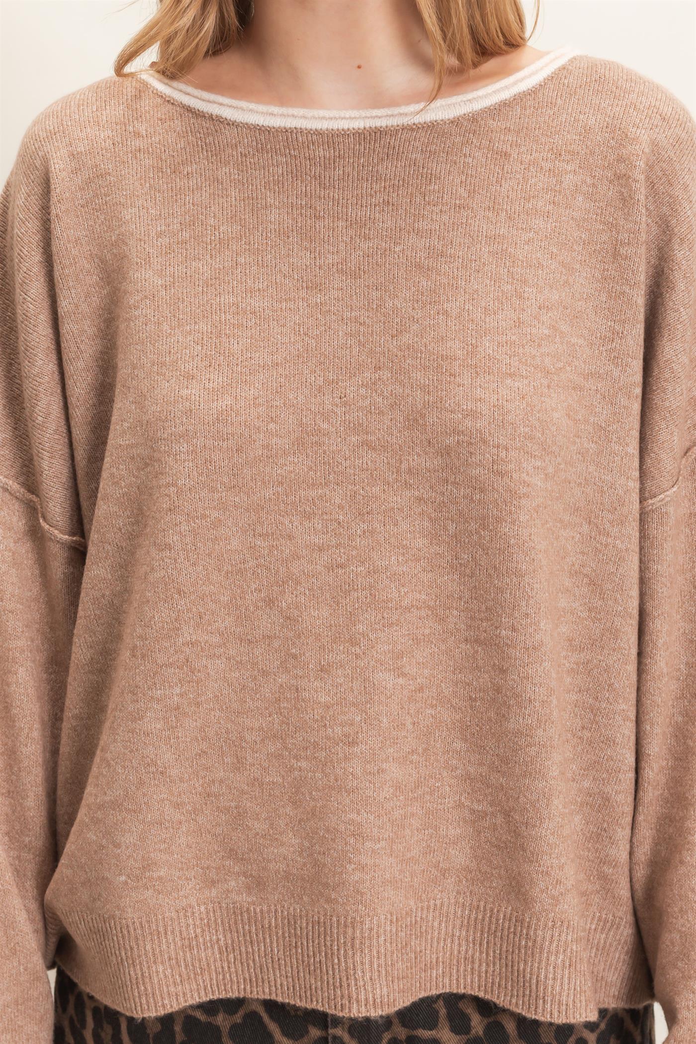Wholesale Relaxed Wide Neck Knit Sweater Sweaters HF26E066-D LIGHT TAUPE HYFVE