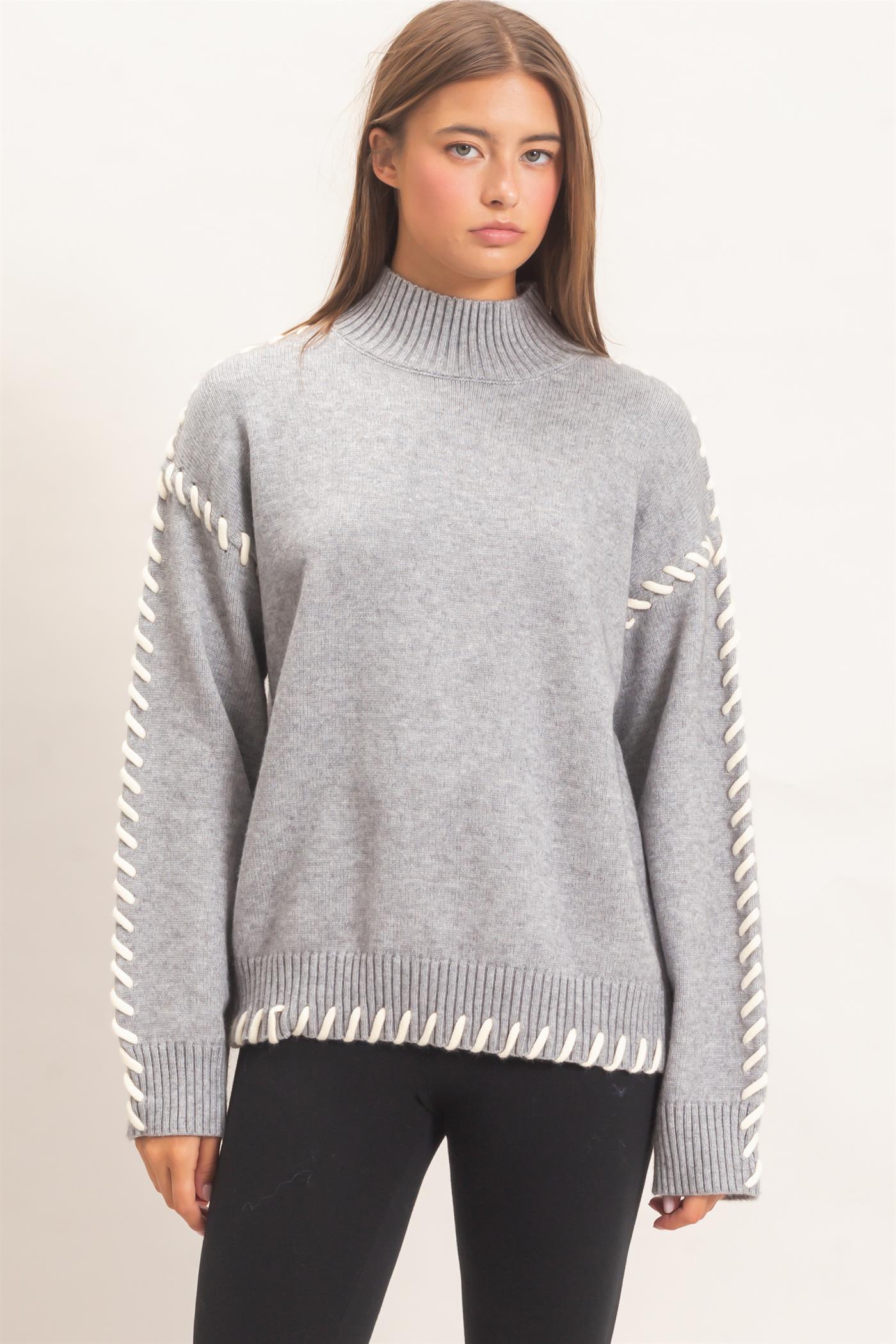 Wholesale Blanket Stitch High Neck Sweater Sweaters DZ27A190 HEATHER GRAY DOUBLE ZERO