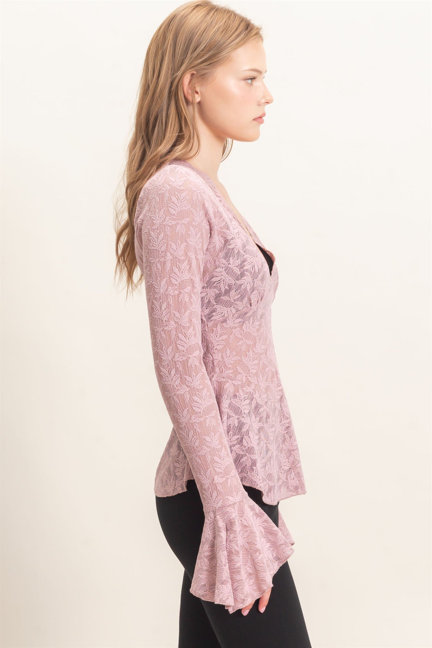 Wholesale Lace V-Neck Flare Sleeve Top Clothing Tops HF26E359 LIGHT MAUVE HYFVE