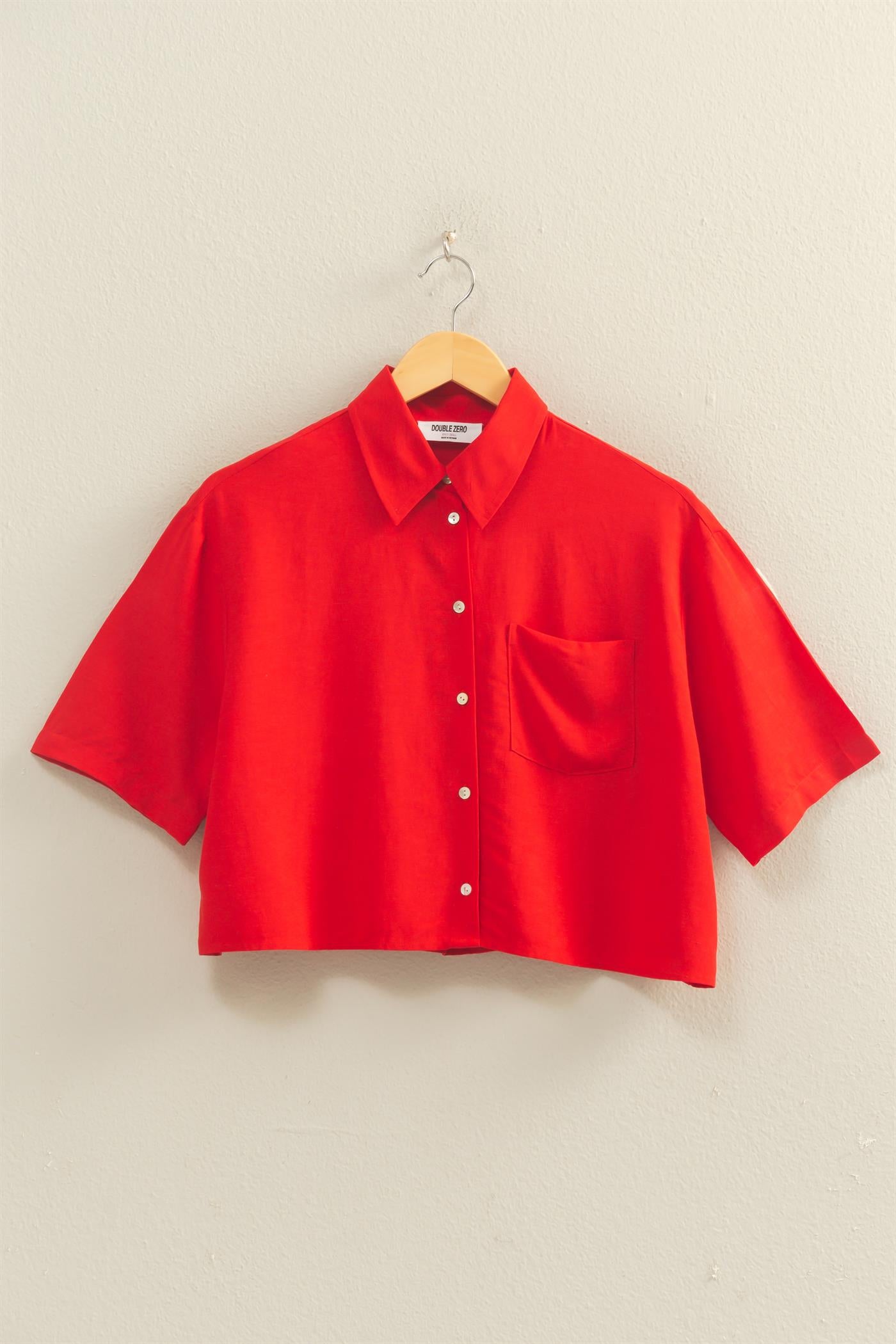 Wholesale Linen Blend Cropped Button-Up Shirt With Pocket Clothing Tops DZ26A583 RED DOUBLE ZERO