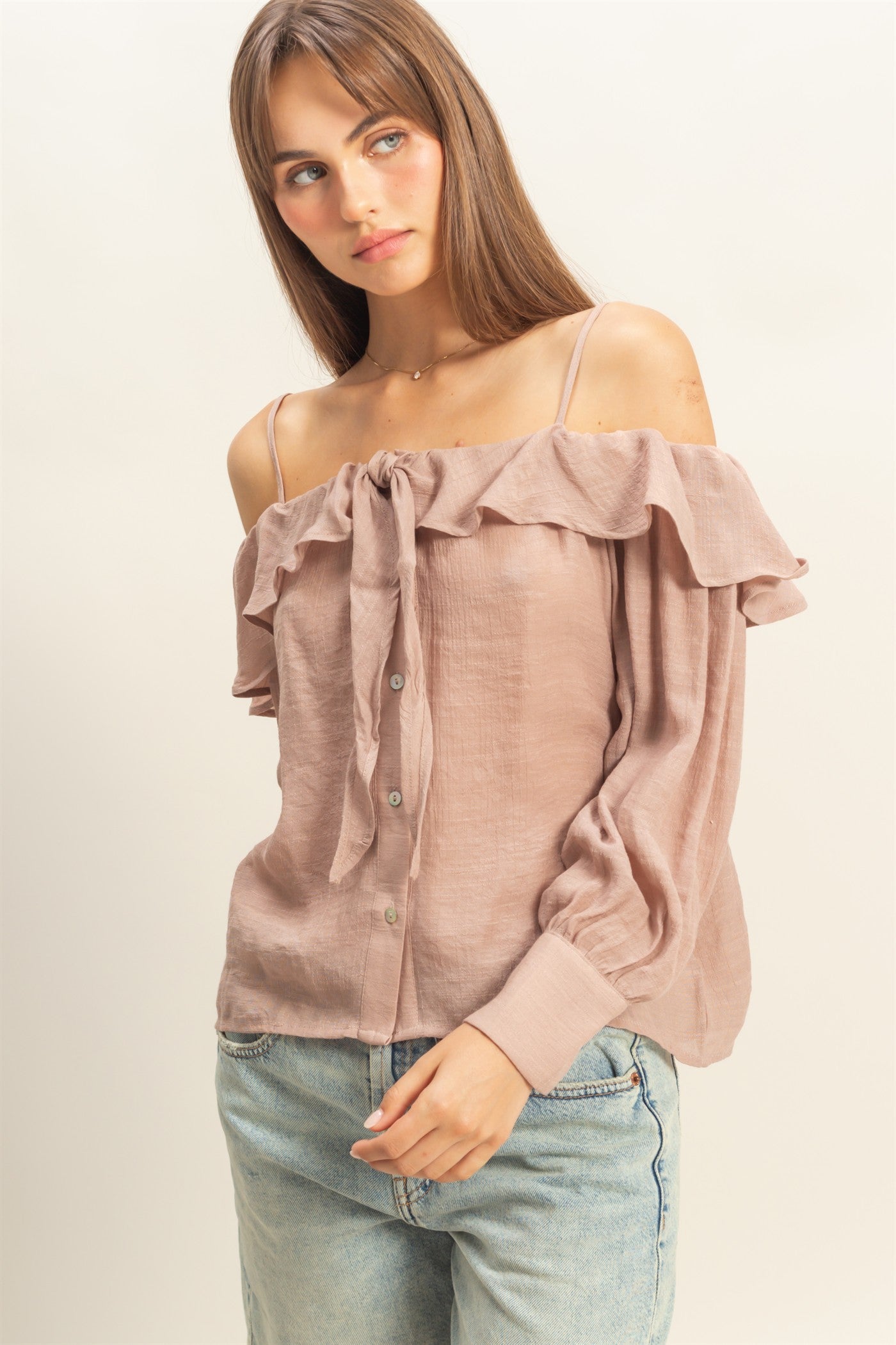 Wholesale Cold-Shoulder Ruffled Blouse Clothing Tops HF23C787 TAUPE HYFVE