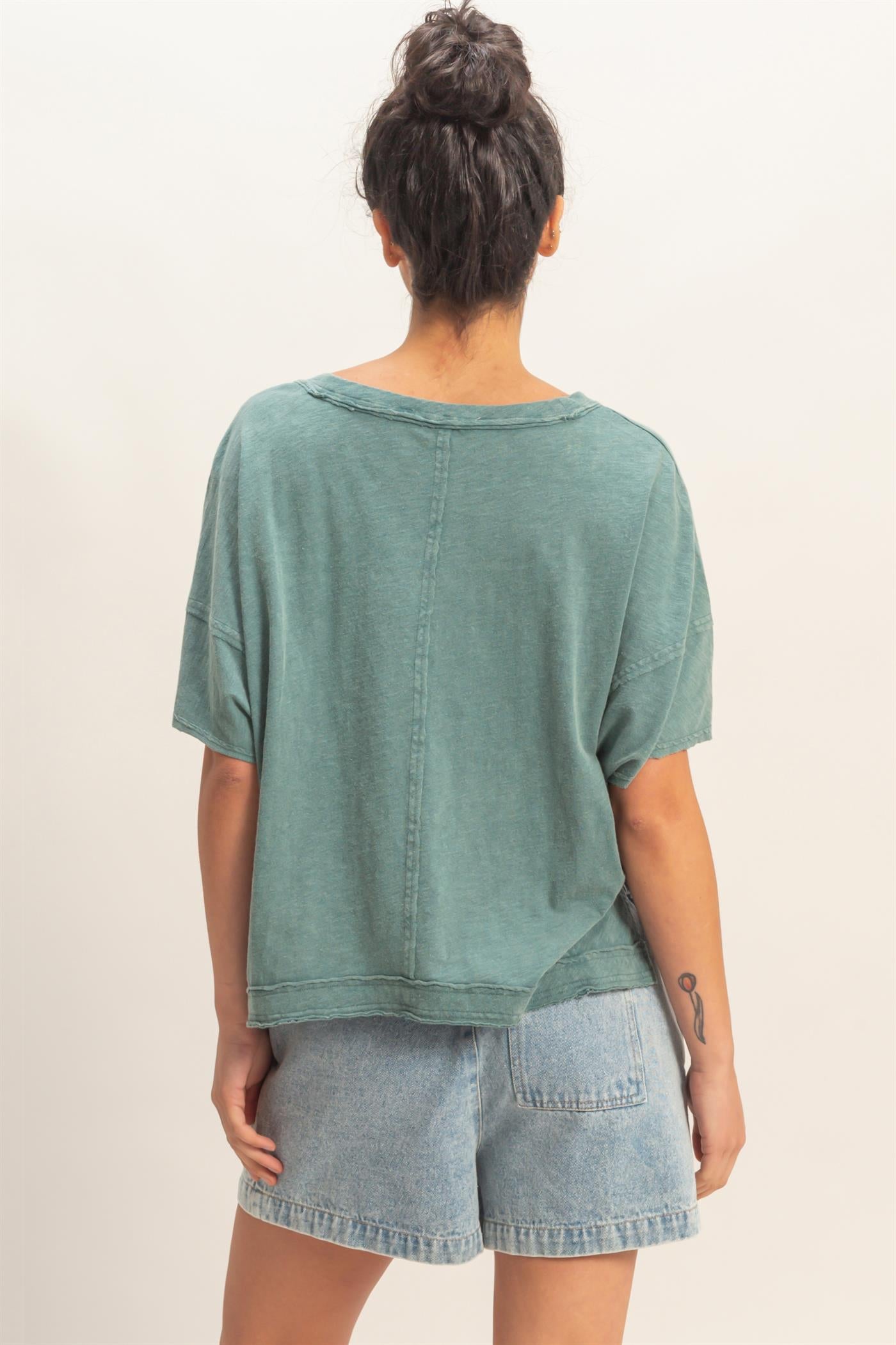 Wholesale Oversized V-Neck Short Sleeve Top Clothing Tops DZ26A032 DARK TEAL DOUBLE ZERO