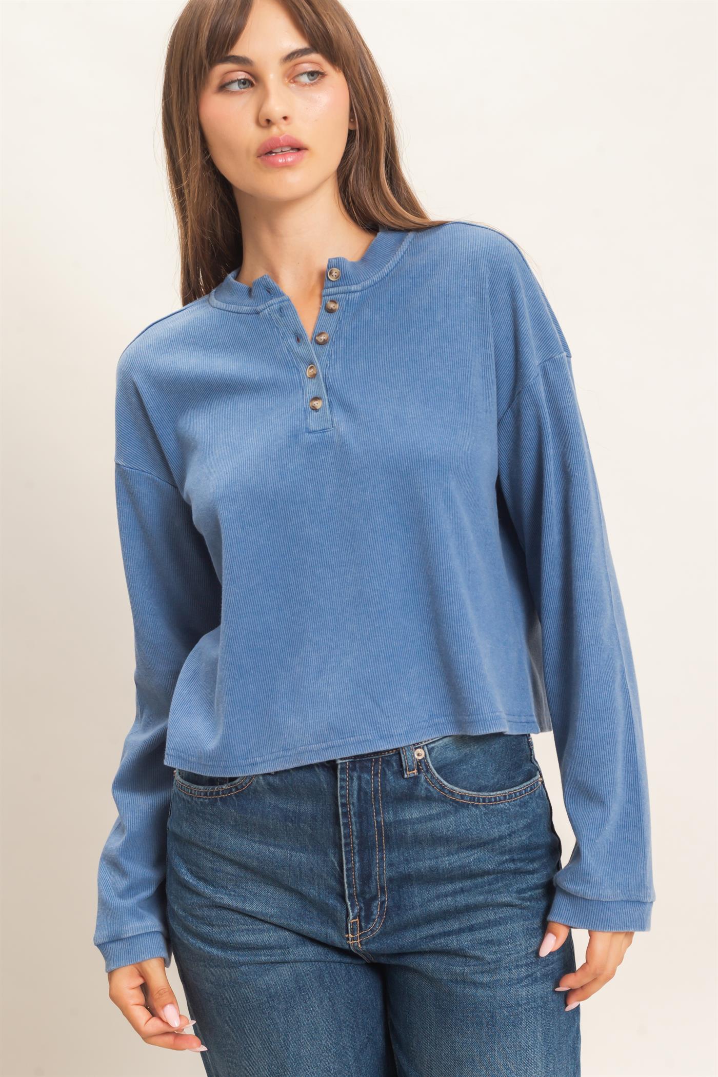 Wholesale Buttoned Henley Top Clothing Tops HF26F081 BLUE HYFVE