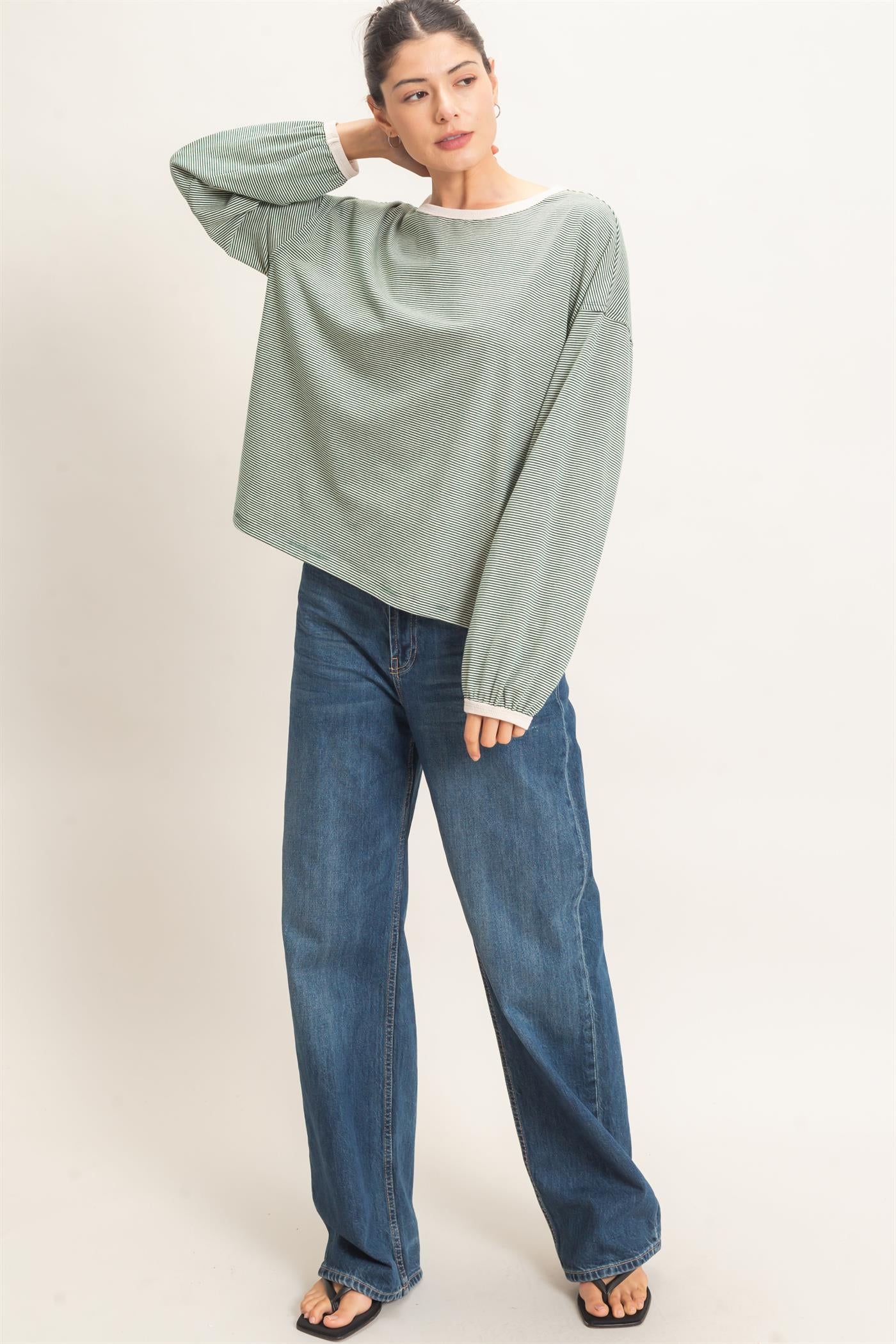 Wholesale Striped Boat Neck Long Sleeve Top Clothing Tops HF26E674 GREEN HYFVE