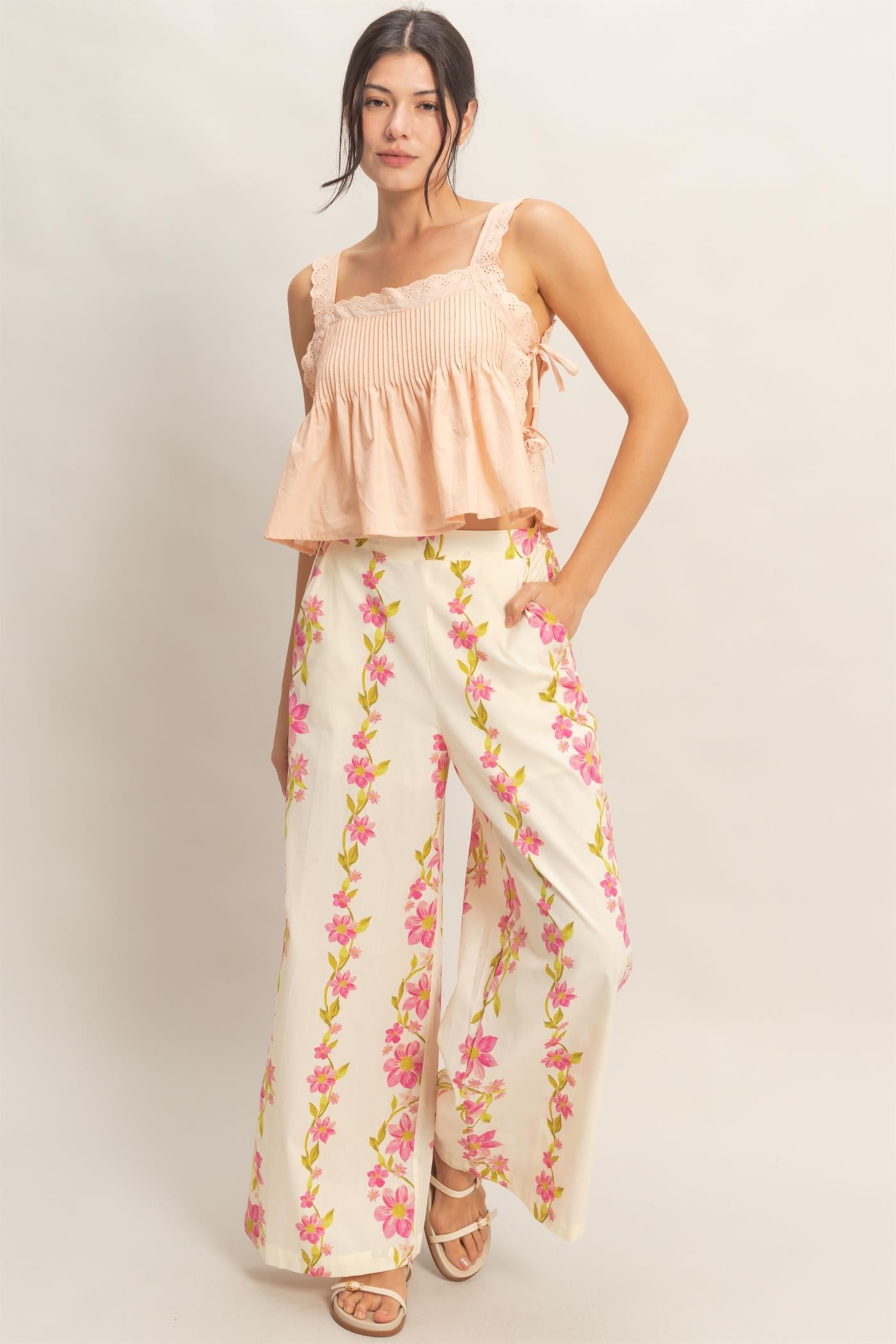 Wholesale Pleated Lace Trim Tank Tank Tops HF26C271 BLUSH HYFVE