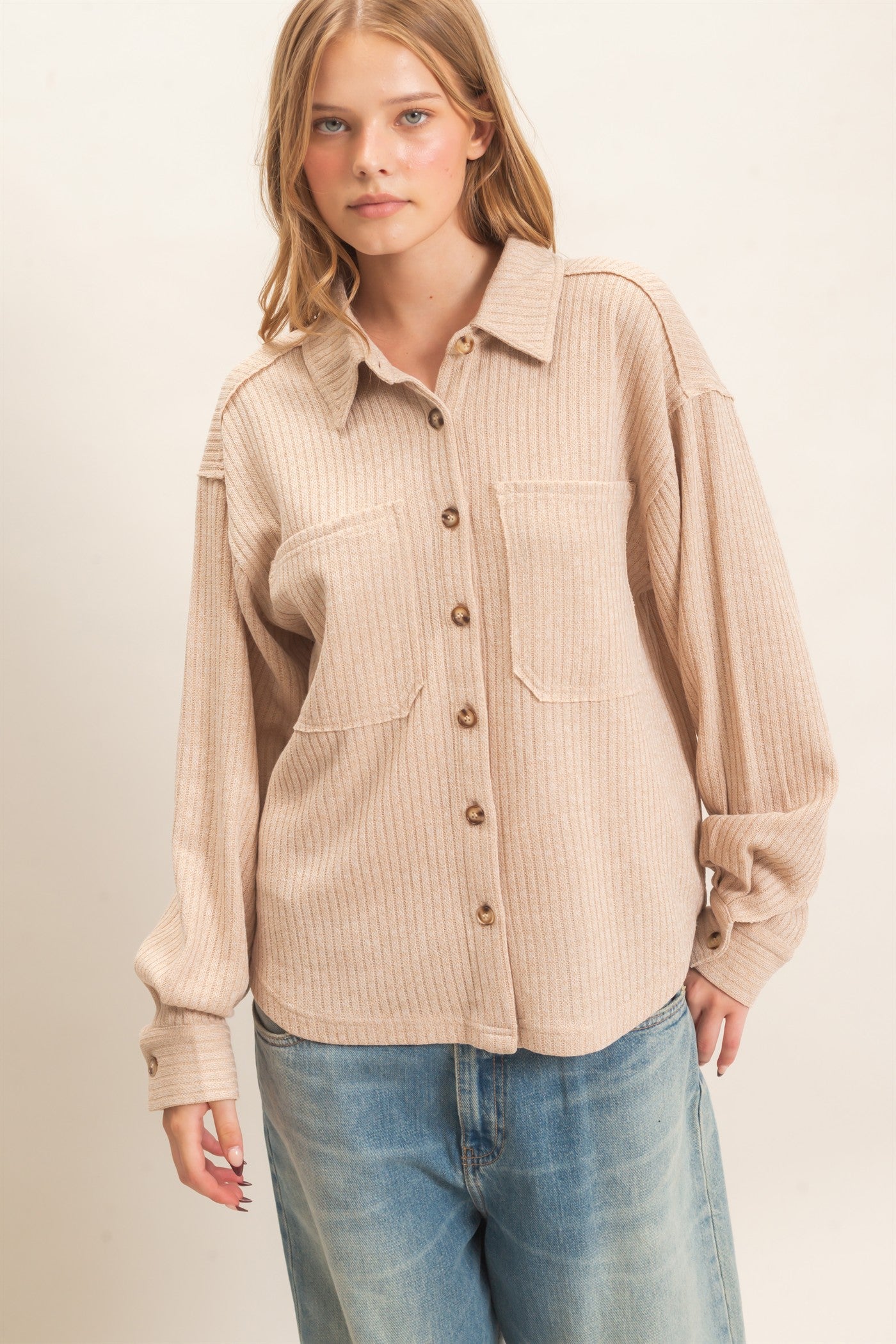 Wholesale Corduroy Button-Up Shirt Shirts HF26F138 BEIGE HYFVE