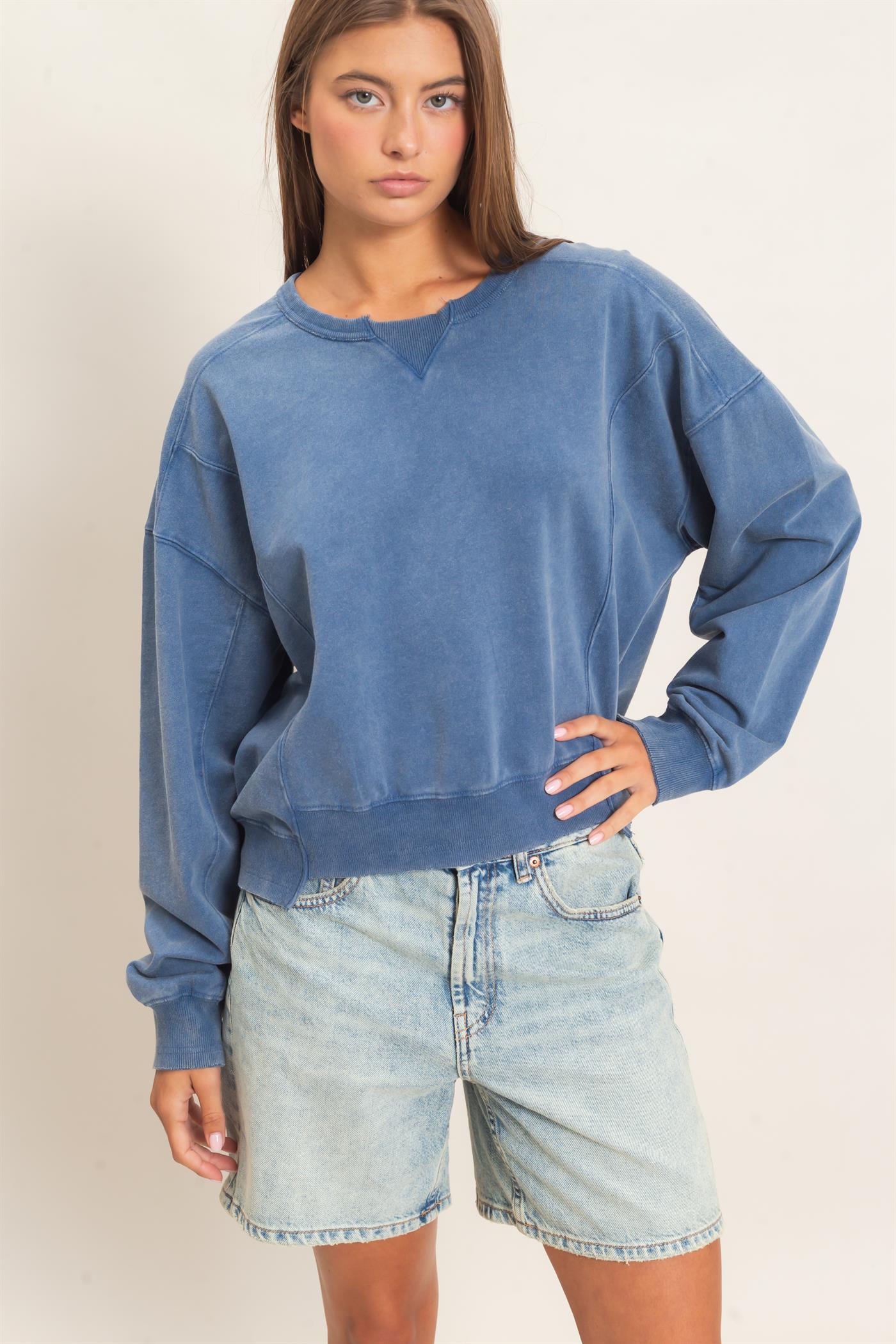 Wholesale Acid Wash Seam Detail Crew Neck Sweatshirt Sweatshirts DZ26E260 NAVY DOUBLE ZERO