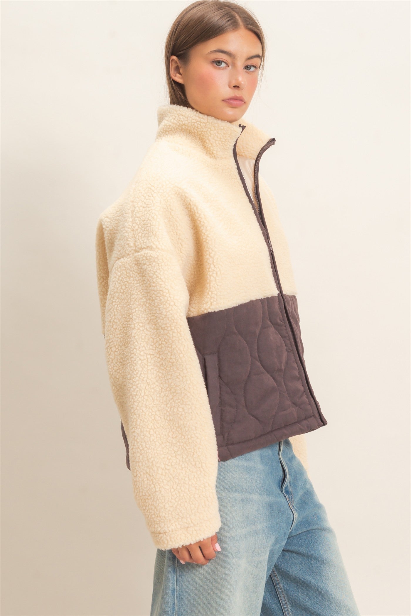 Wholesale Quilted Sherpa Zip Up Jacket Coats & Jackets DZ26F259 DARK BROWN DOUBLE ZERO