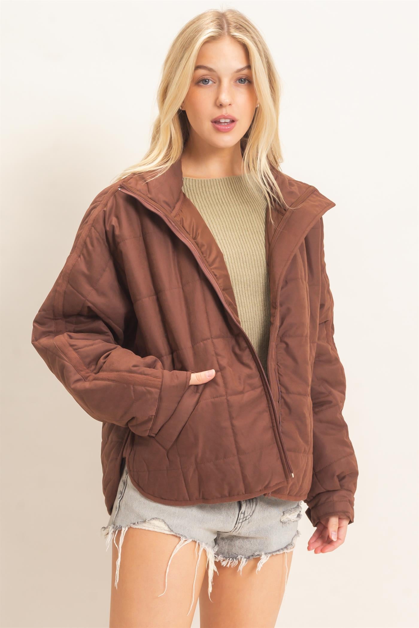 Wholesale Quilted High Collar Jacket Coats & Jackets HF26F167-D BROWN HYFVE