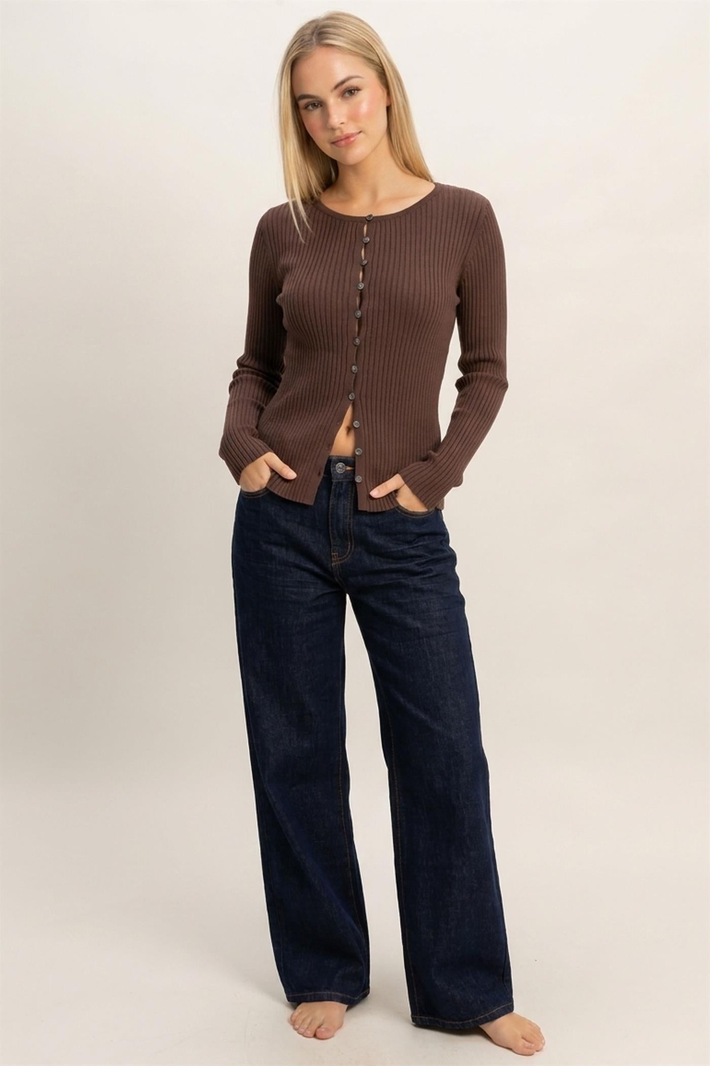 Wholesale Ribbed Button Front Cardigan Cardigans DZ26E322 DARK BROWN DOUBLE ZERO