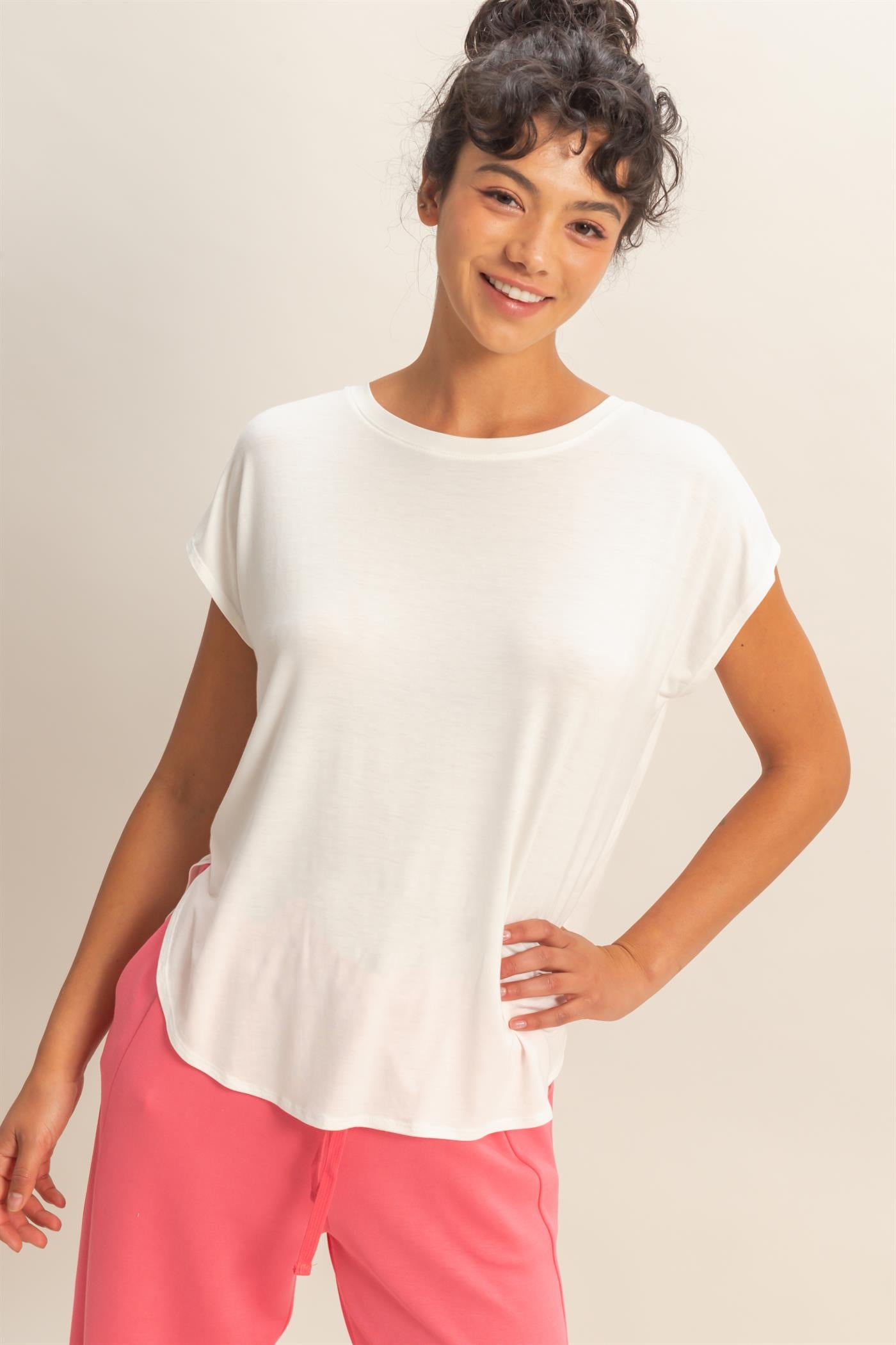 Wholesale Relaxed Dolman Short Sleeve  Round Neck Top Shirts DZ26A270 OFF WHITE DOUBLE ZERO