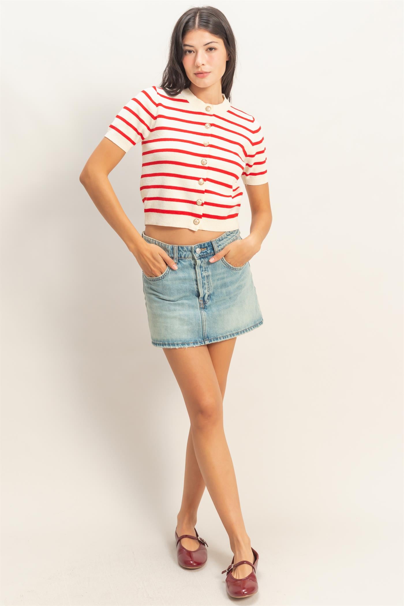 Wholesale Striped Short Sleeve Button Up Cardigan Cardigans DZ26A604 RED DOUBLE ZERO