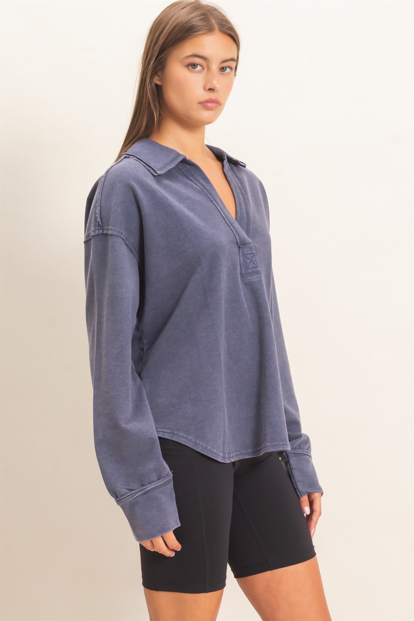Wholesale Mineral Washed Polo Collar Long Sleeve Top Polos DZ26E887 NAVY DOUBLE ZERO