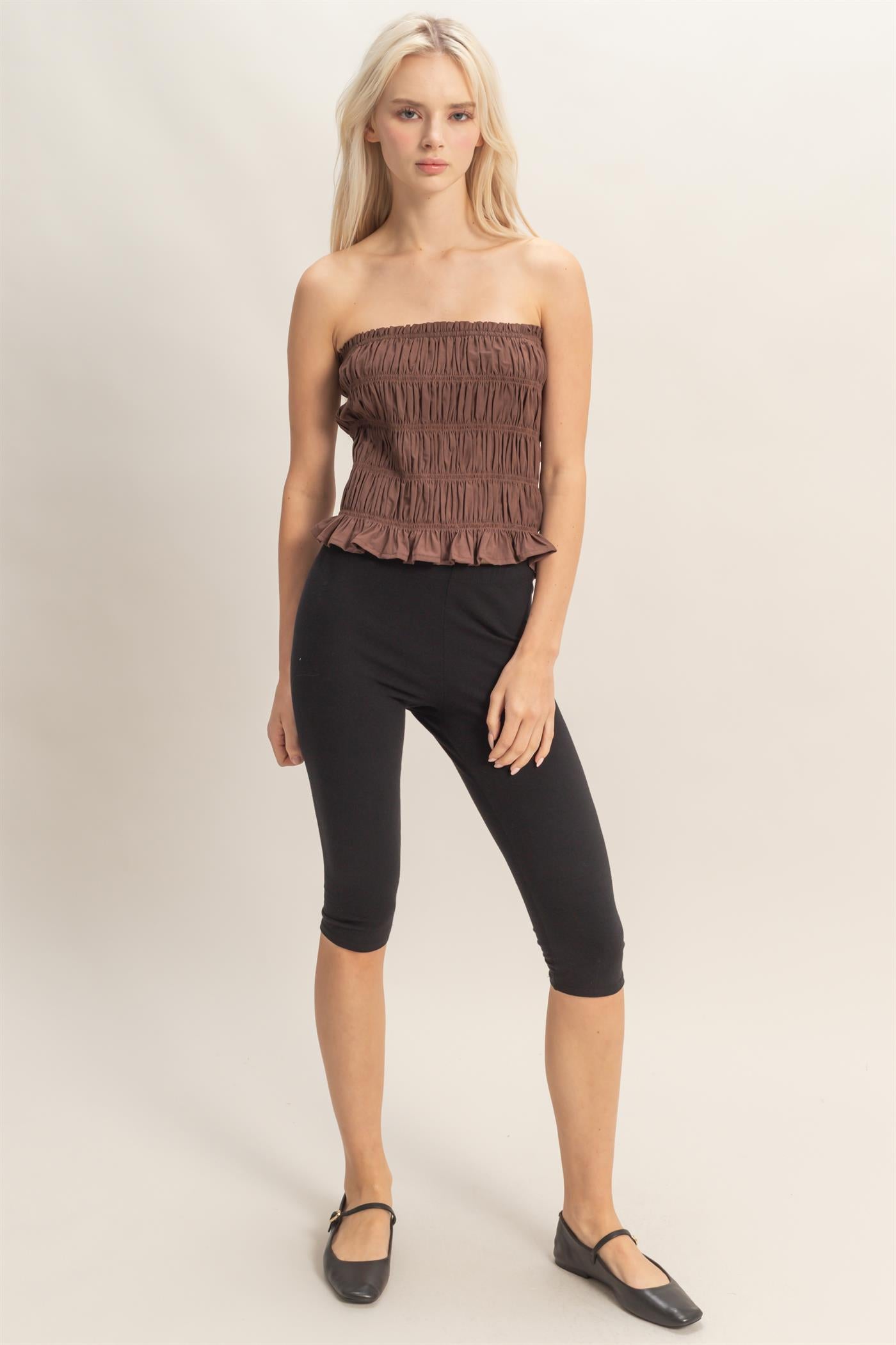 Wholesale Smocked Ruffle Tube Top Clothing Tops DZ26C282 CHOCOLATE DOUBLE ZERO