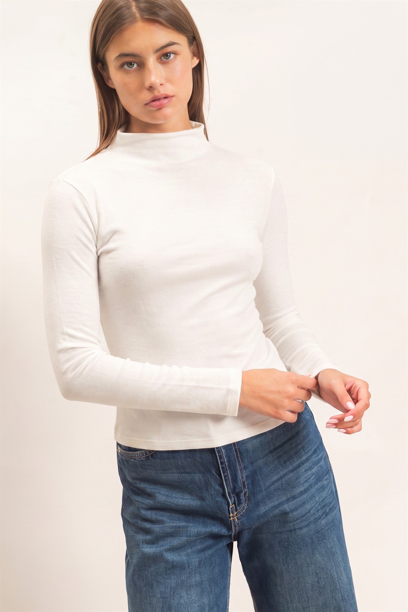 Wholesale Mock Neck Long Sleeve Top Clothing Tops DZ26F281 WHITE DOUBLE ZERO