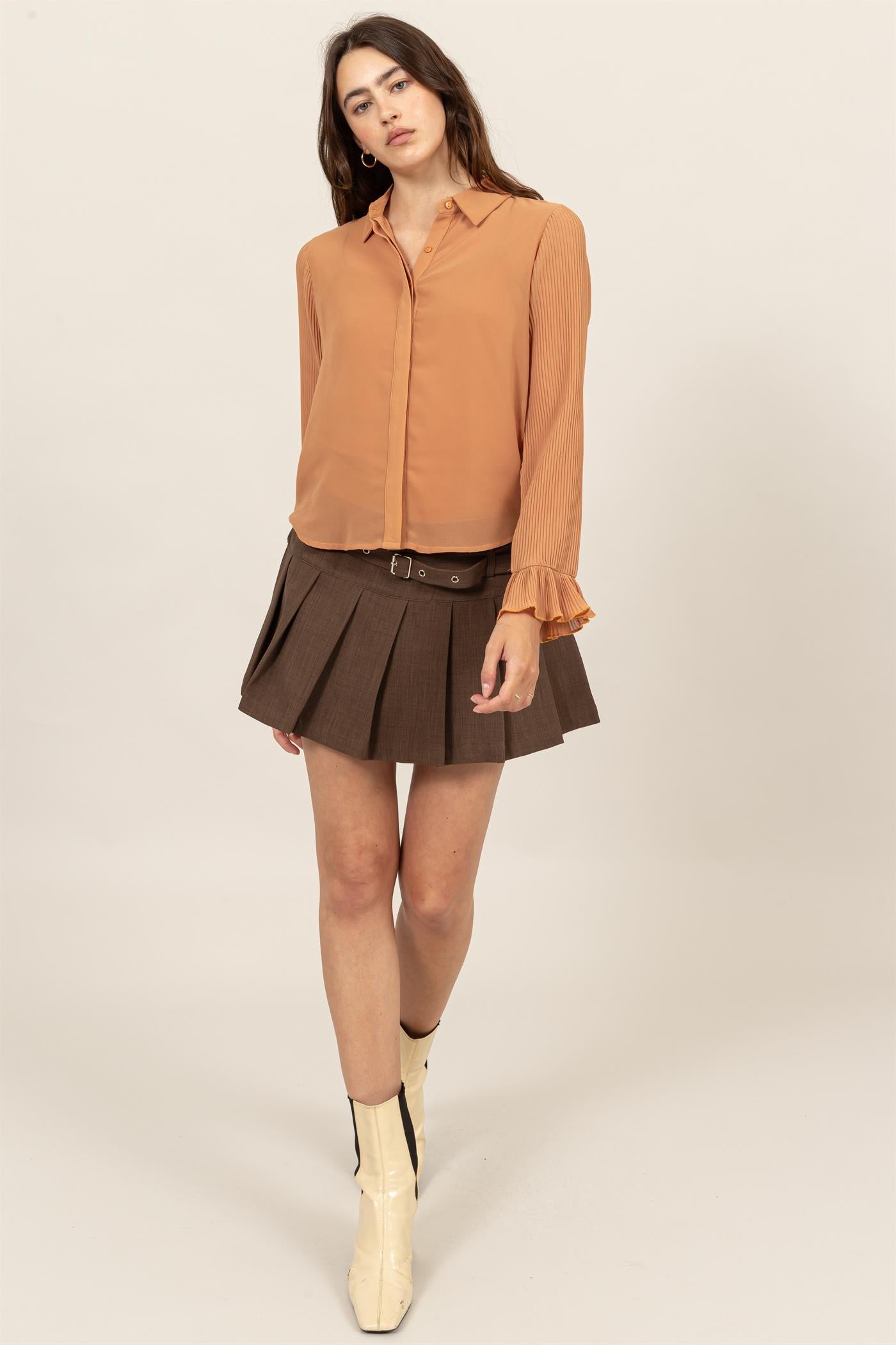 Wholesale Bell Sleeve Blouse With Inside Lining Clothing Tops HF25A769 ALMOND HYFVE