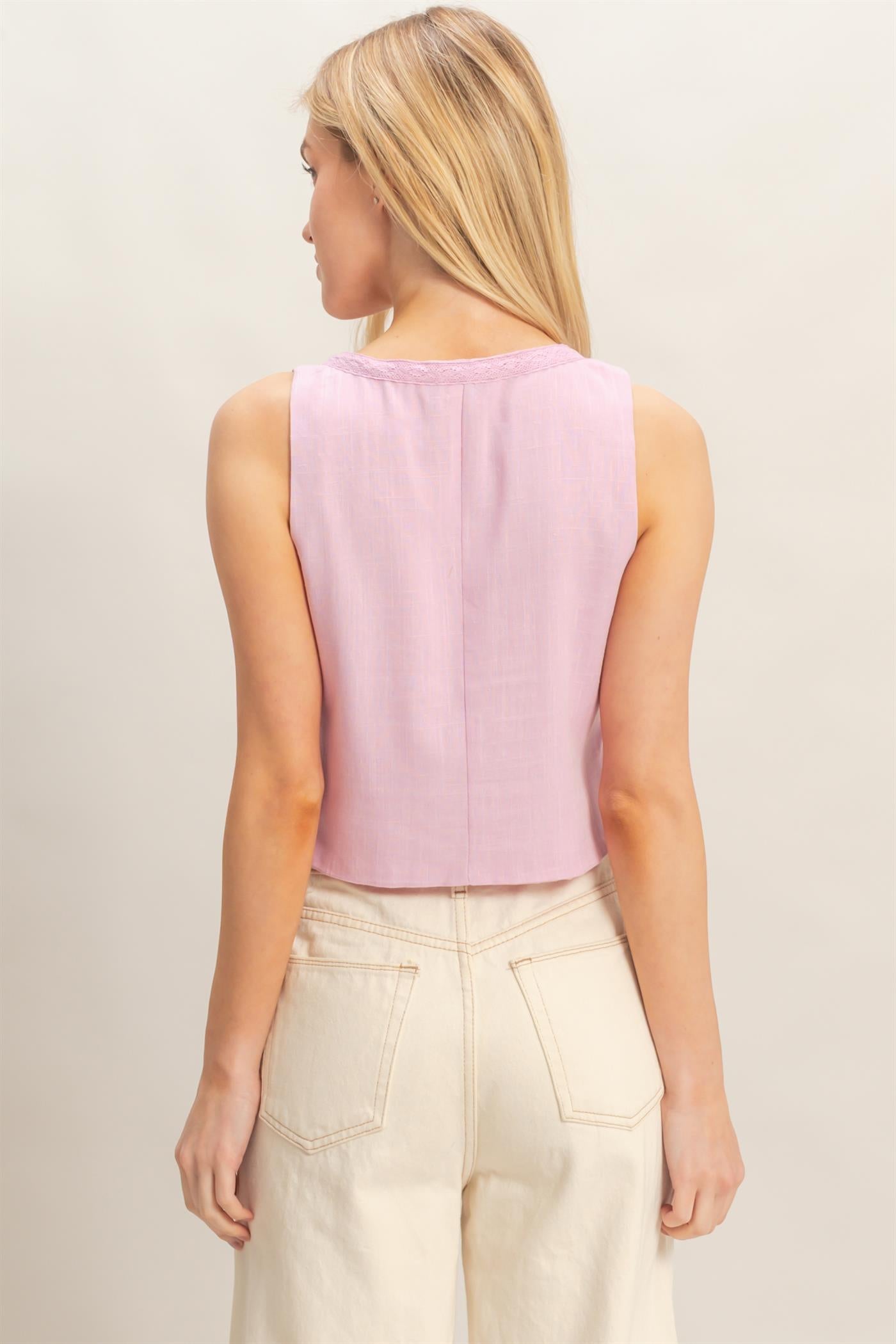 Wholesale Sleeveless Tie-Front Top Blouses HF26C298 PINK LAVENDER HYFVE