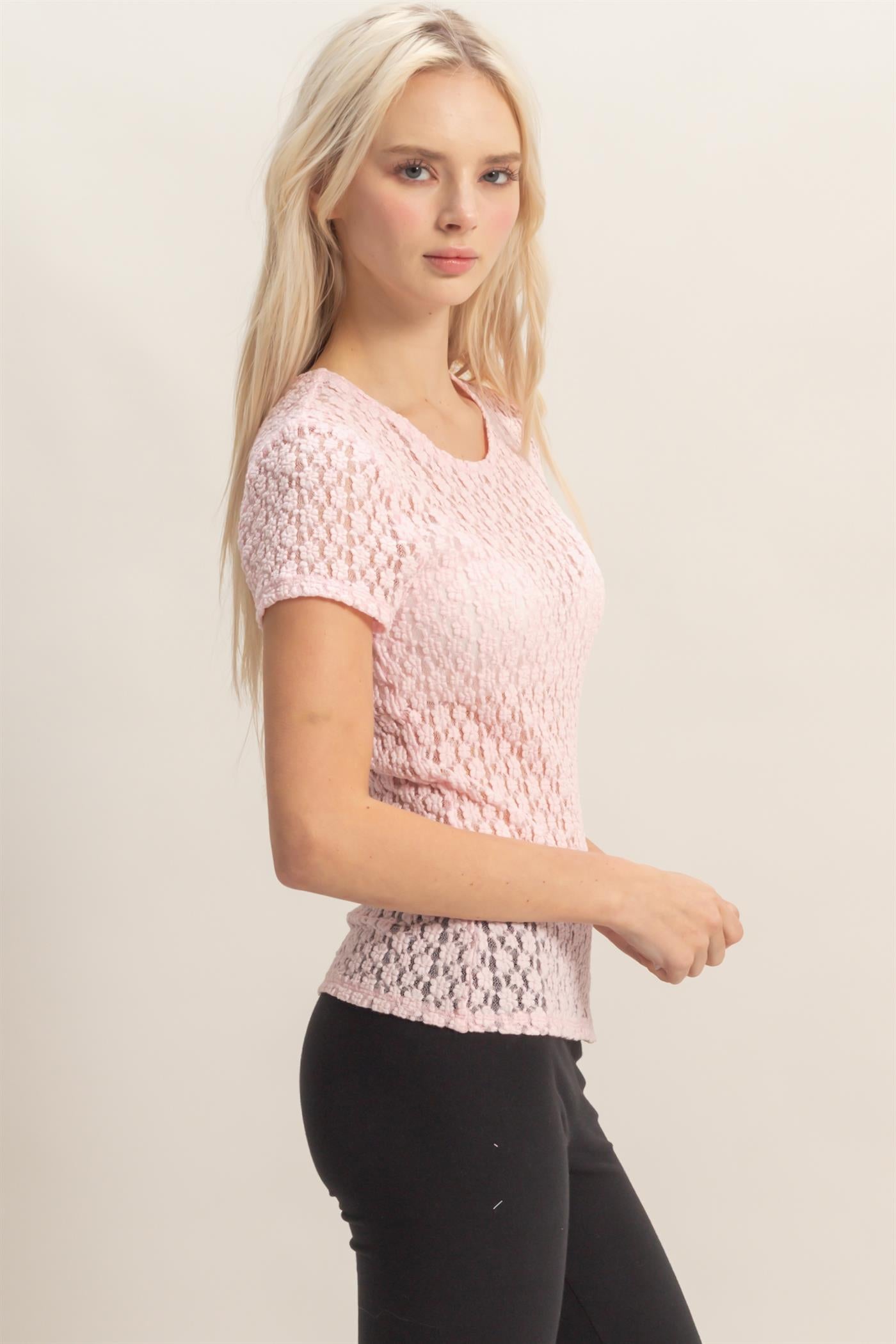 Wholesale Textured Lace Short Sleeve Top Clothing Tops DZ26C394 SOFT PINK DOUBLE ZERO