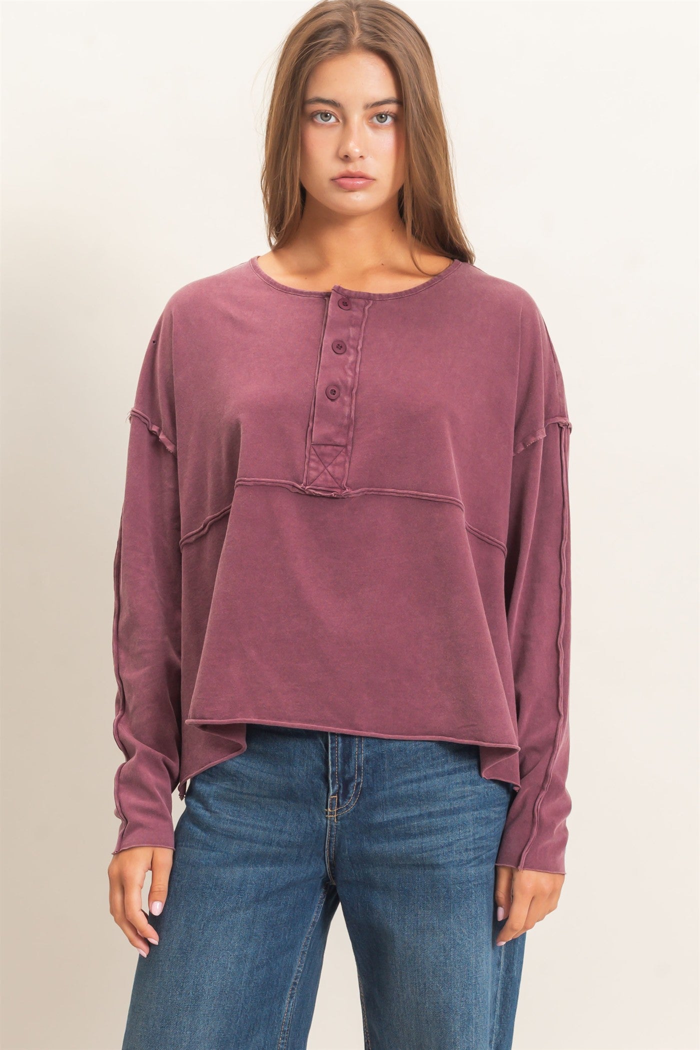 Wholesale Oversized Henley Top With Raw Edges Clothing Tops DZ26F128 DARK CHERRY DOUBLE ZERO