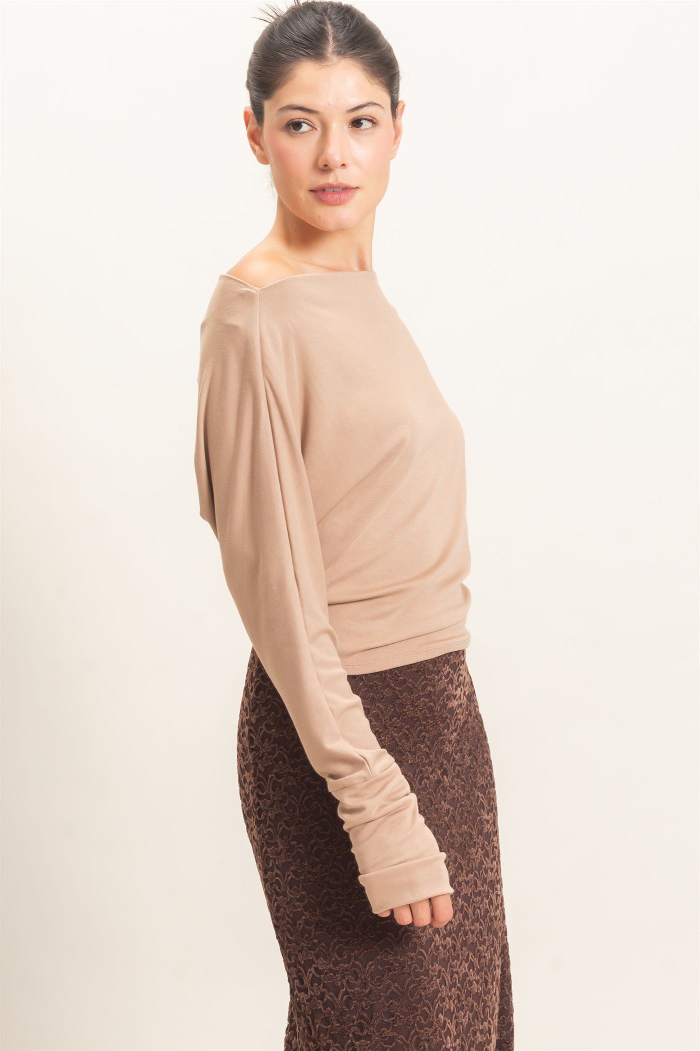 Wholesale Wide Boat Neck Dolman Sleeve Top Shirts HF26C883 LIGHT BROWN HYFVE