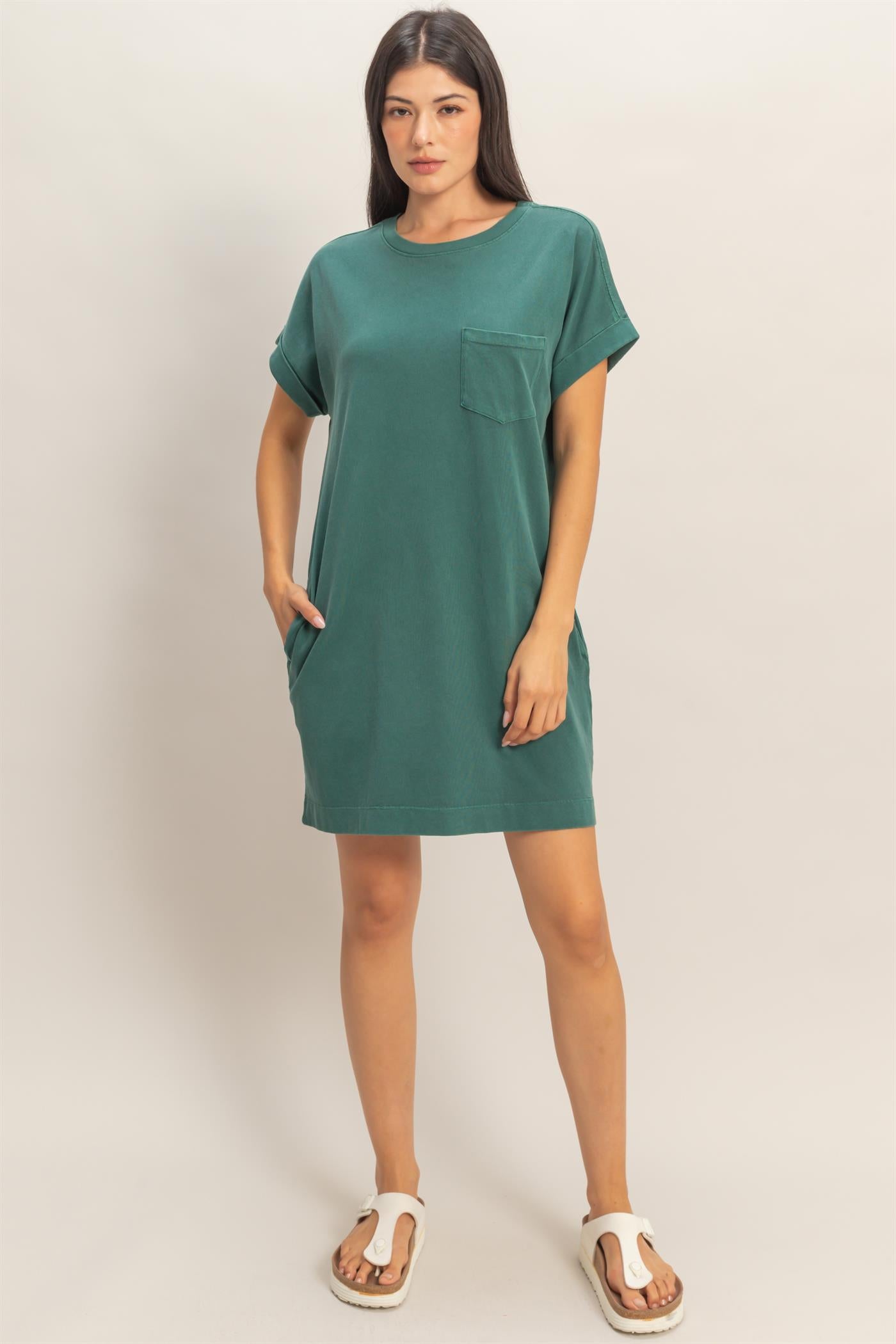 Wholesale Round Neck T-Shirt Mini Dress Dresses DZ26A029 DARK TEAL DOUBLE ZERO
