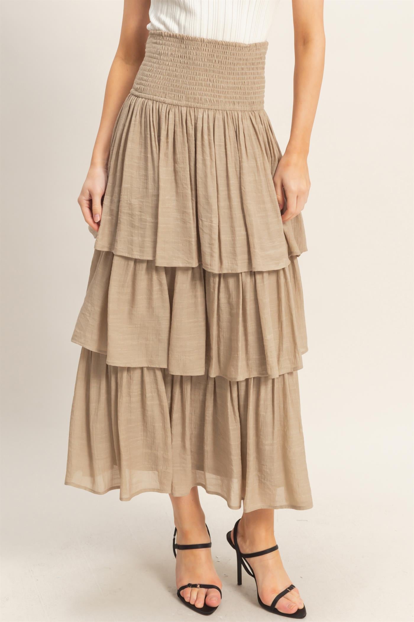 Wholesale Tiered Smocked Waist Skirt Skirts HF26C188-D TAUPE HYFVE