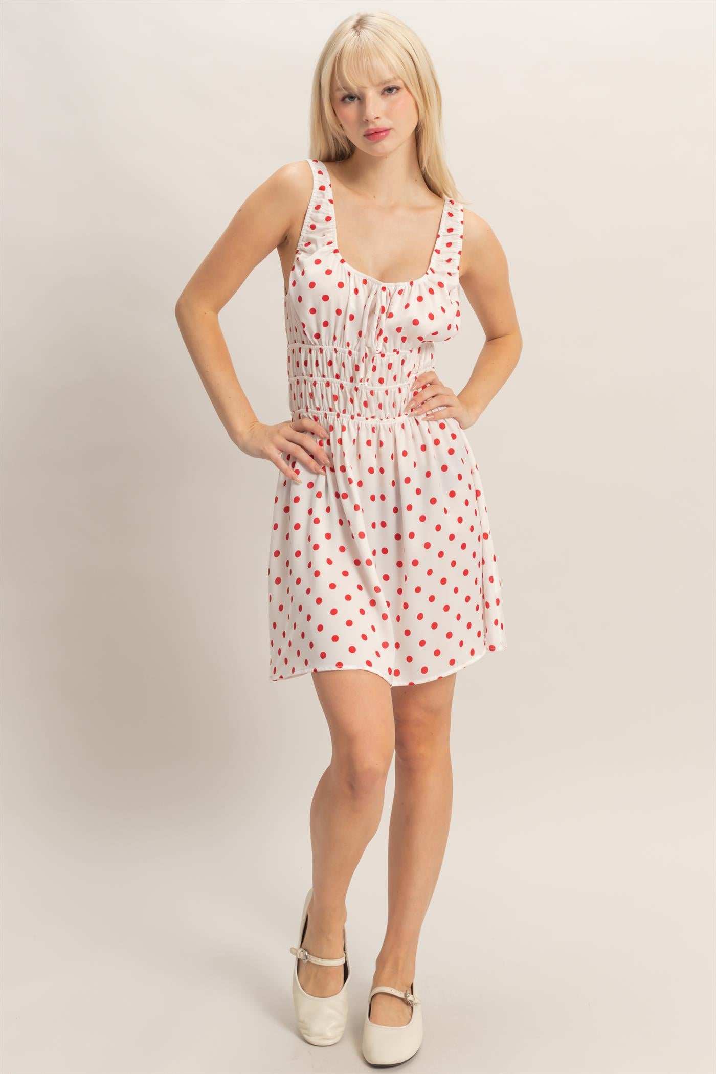 Wholesale Satin Polka Dot Mini Dress With Tie Dresses DZ25E064 RED DOUBLE ZERO