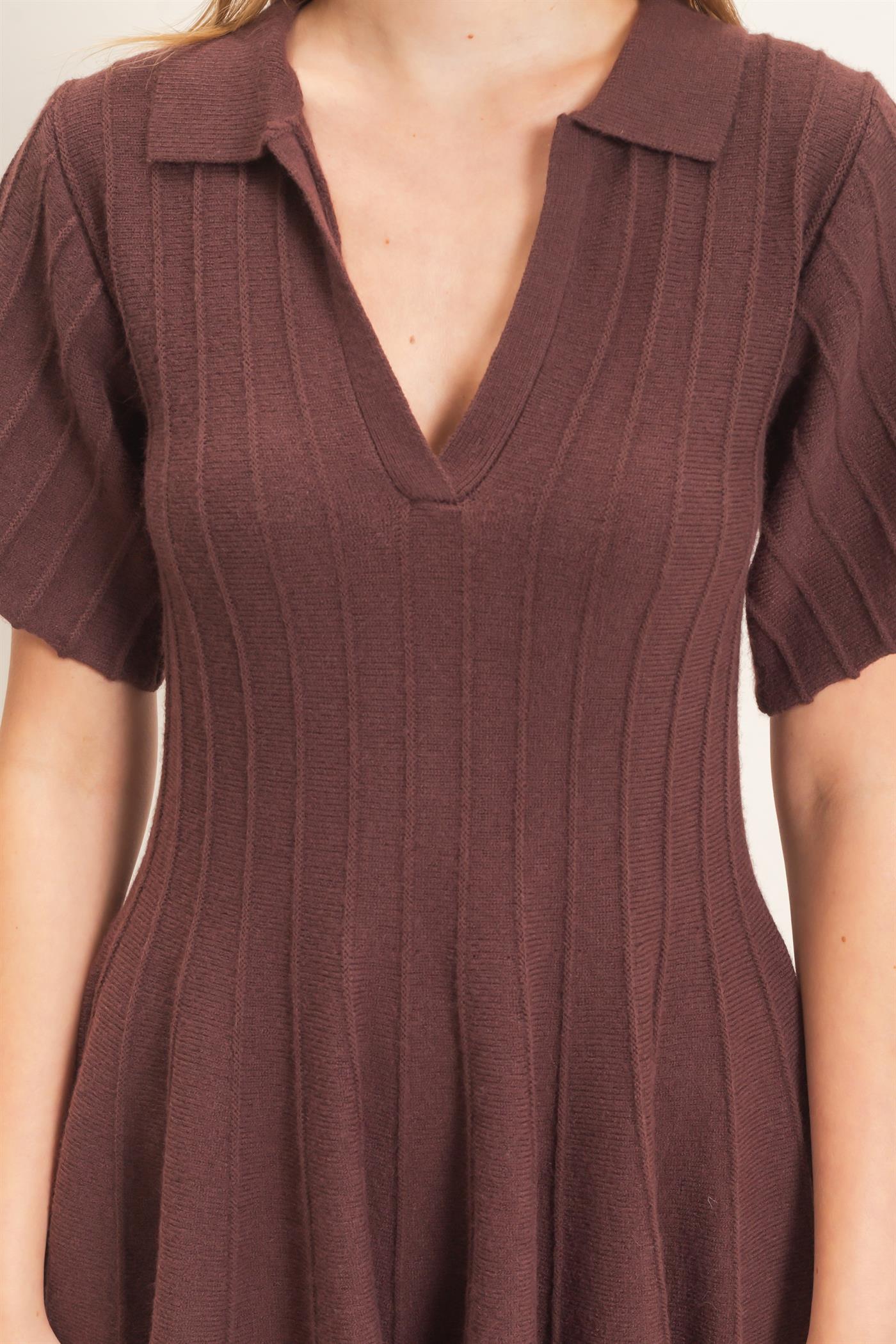 Wholesale Ribbed Knit Collared Dress Dresses HF26E365 CHESTNUT HYFVE