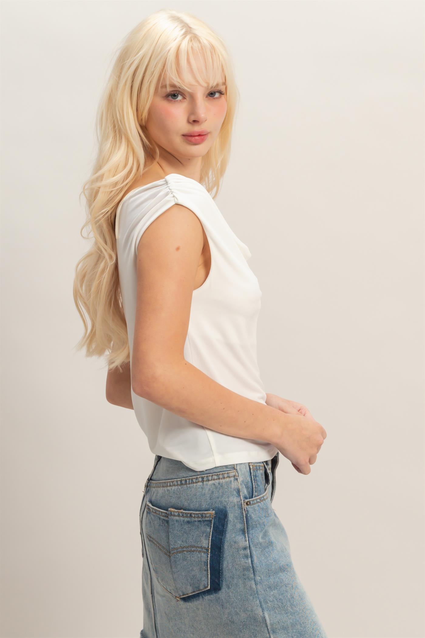 Wholesale Cowl Neck Sleeveless Top Clothing Tops DZ26C274 WHITE DOUBLE ZERO
