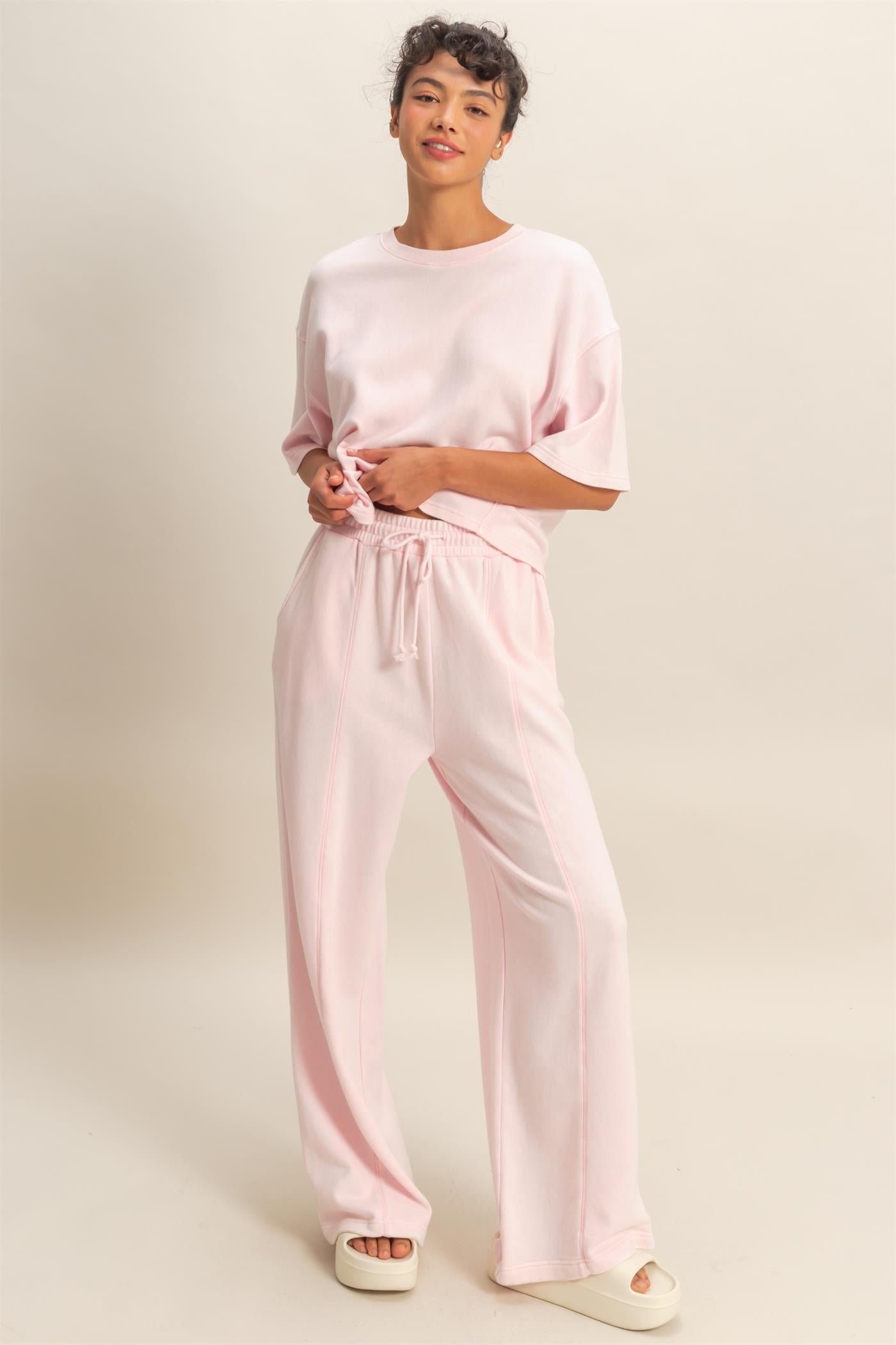 Wholesale Acid Wash Boxy Crew Neck Top T-Shirts DZ26C093 SOFT PINK DOUBLE ZERO