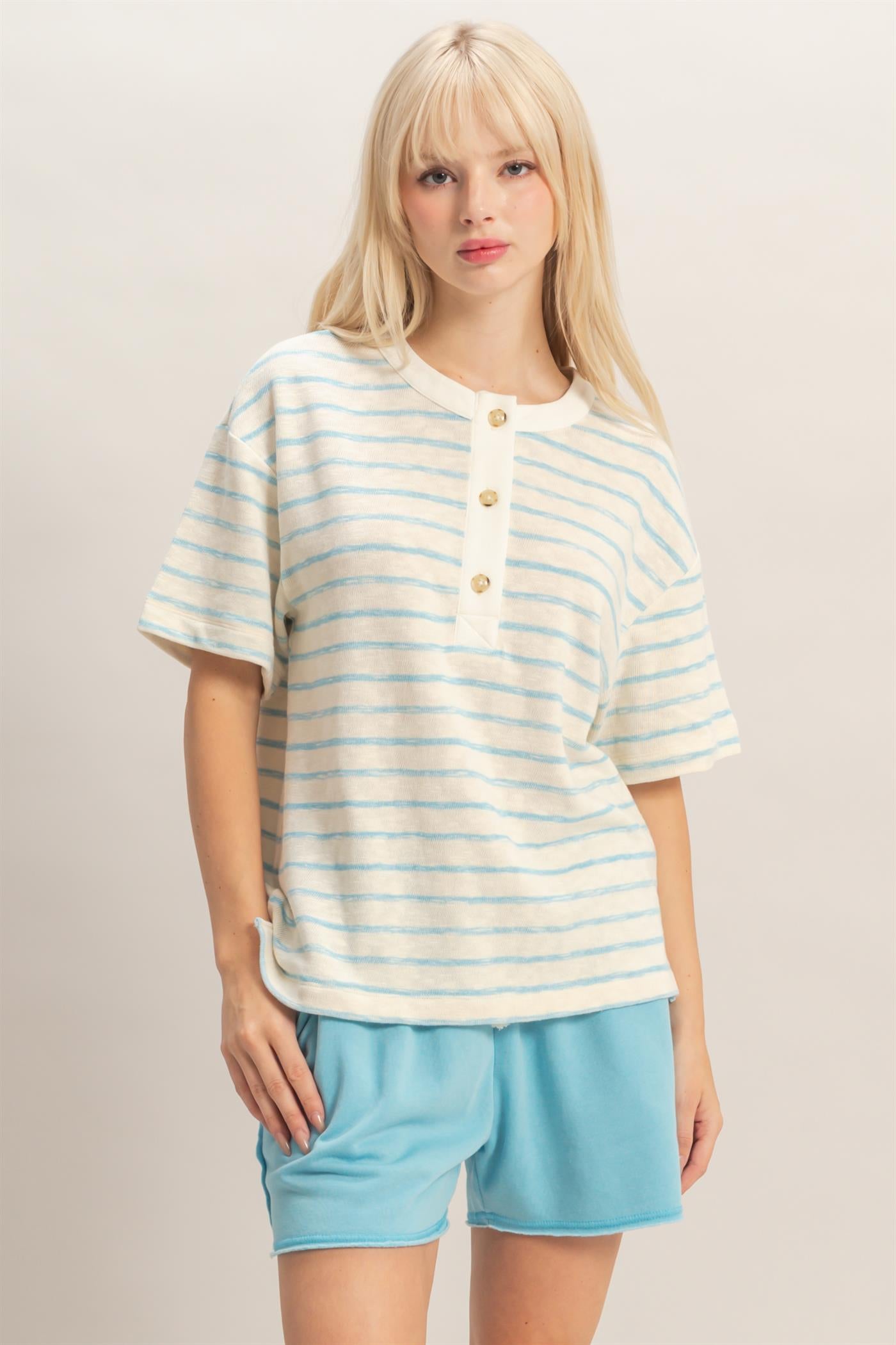 Wholesale Striped Short Sleeve Henley Top Clothing Tops DZ26A653 BLUE DOUBLE ZERO
