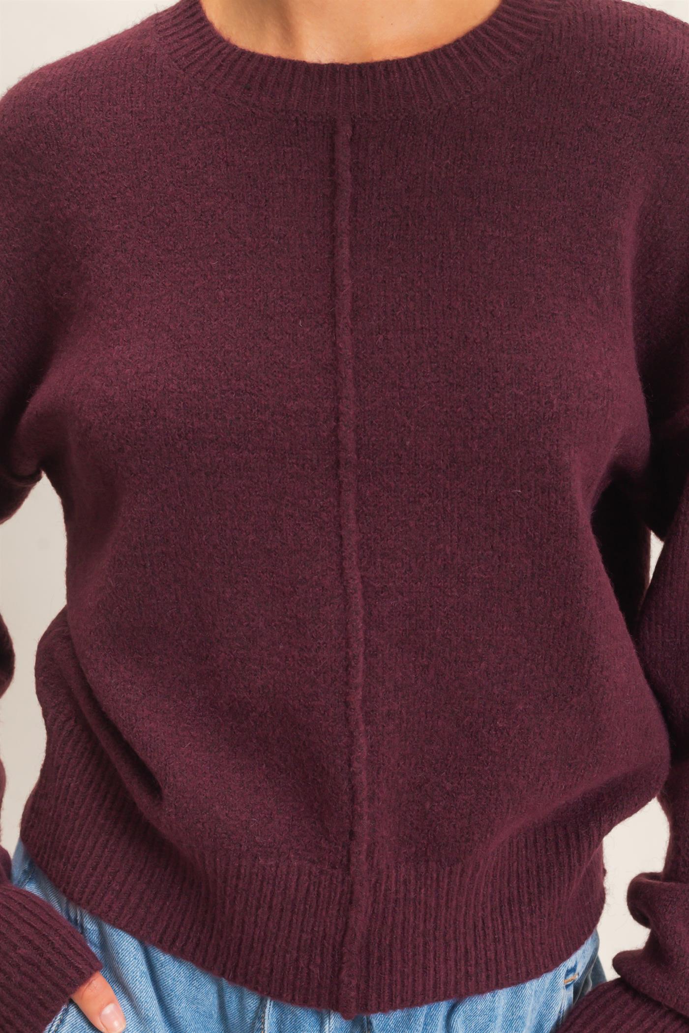 Wholesale Crew Neck Seam Detail Sweater Sweaters DZ26E240 DARK CHERRY DOUBLE ZERO