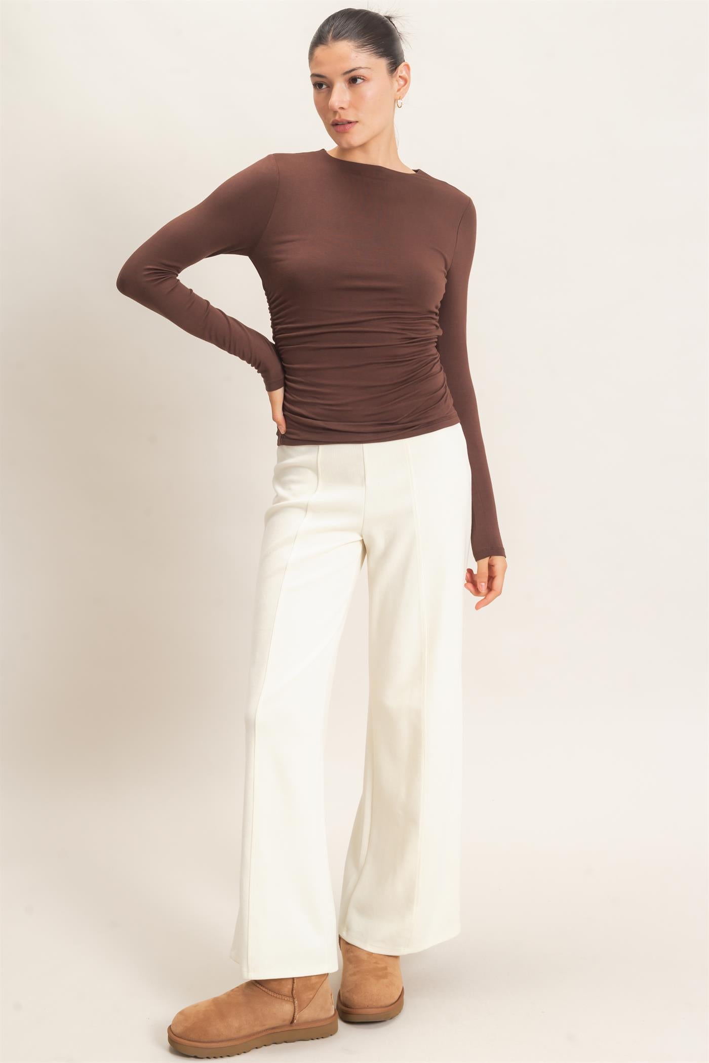 Wholesale Ruched Long Sleeve Top Clothing Tops HF26E776 ESPRESSO HYFVE